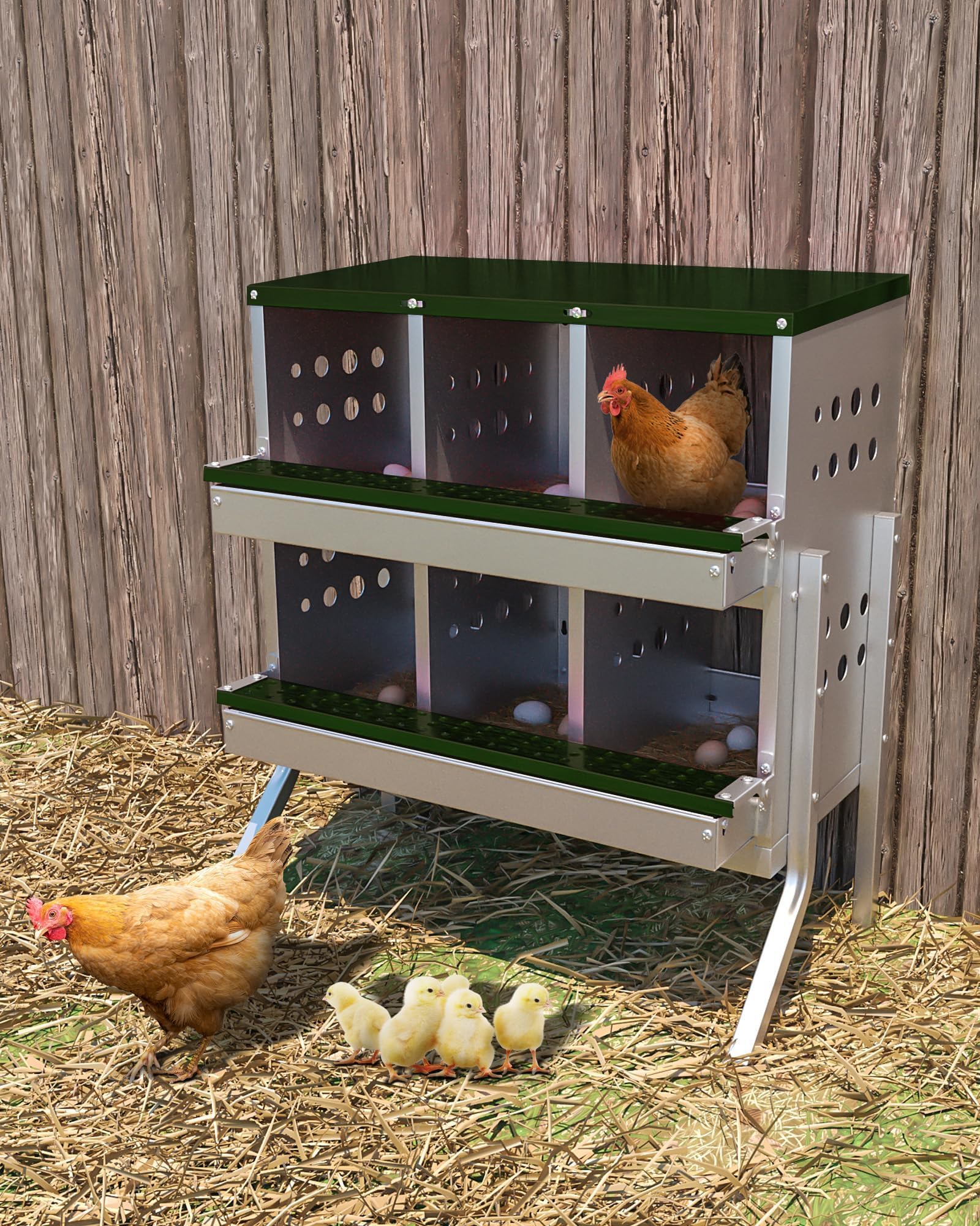 Nidi per galline Garvee, 6 scomparti, in metallo, impermeabili, antiruggine, con ventilazione, trespolo e vassoio portauova mobile per piccoli giardini