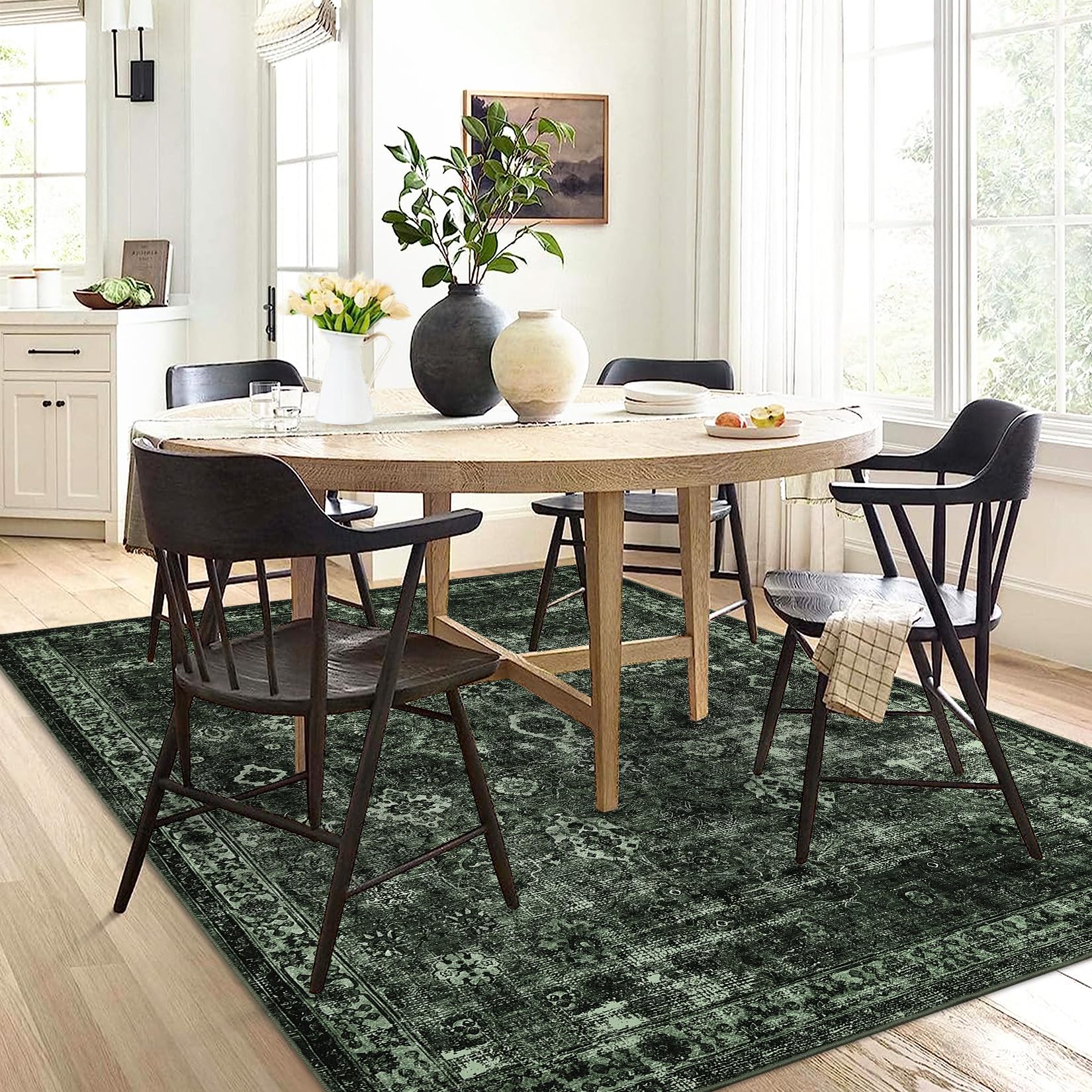 Tappeto Garvee Boho, grande tappeto vintage lavabile verde scuro a pelo corto antiscivolo per camera da letto, 160x230 cm