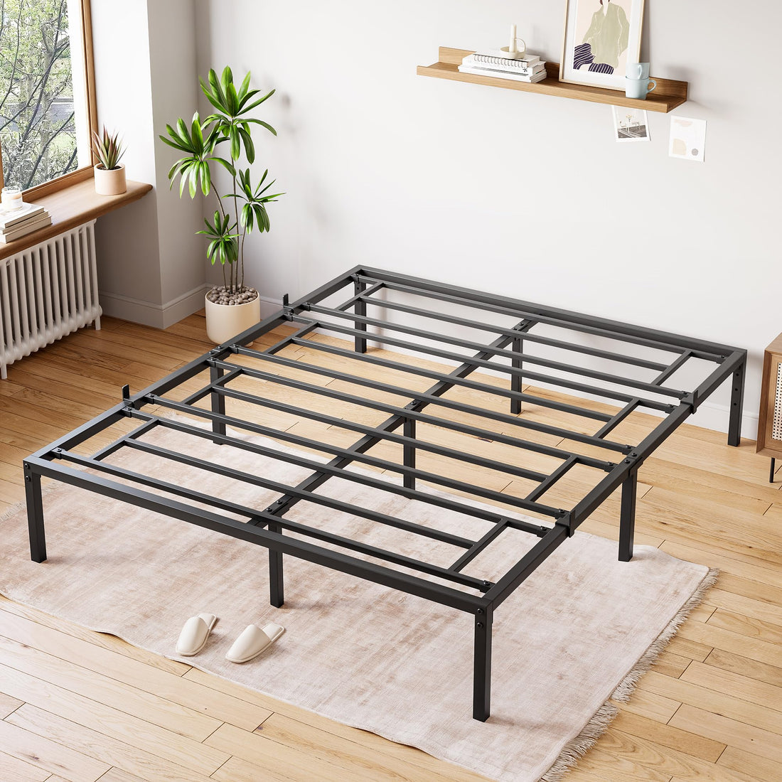 Garvee Queen Metal Bed Frame 14 pollici, struttura in acciaio robusto, silenzioso, antiscivolo, con contenitore, camera da letto, nero