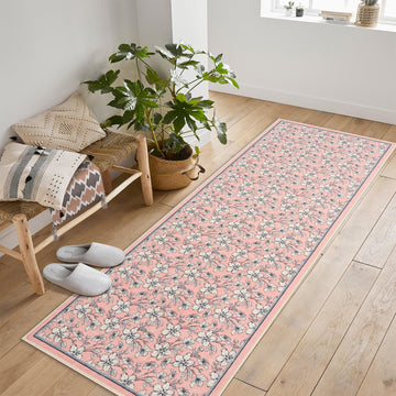 Tappeto per soggiorno Garvee 80x150cm a pelo corto, antiscivolo, vintage, floreale, lavabile, rosa