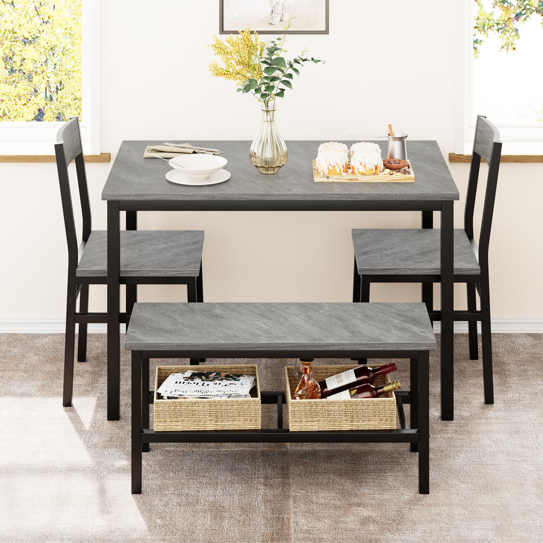 Set da pranzo Garvee per 4 persone con panca, contenitore, MDF robusto e acciaio, salvaspazio, versatile, grigio, ideale per piccoli appartamenti
