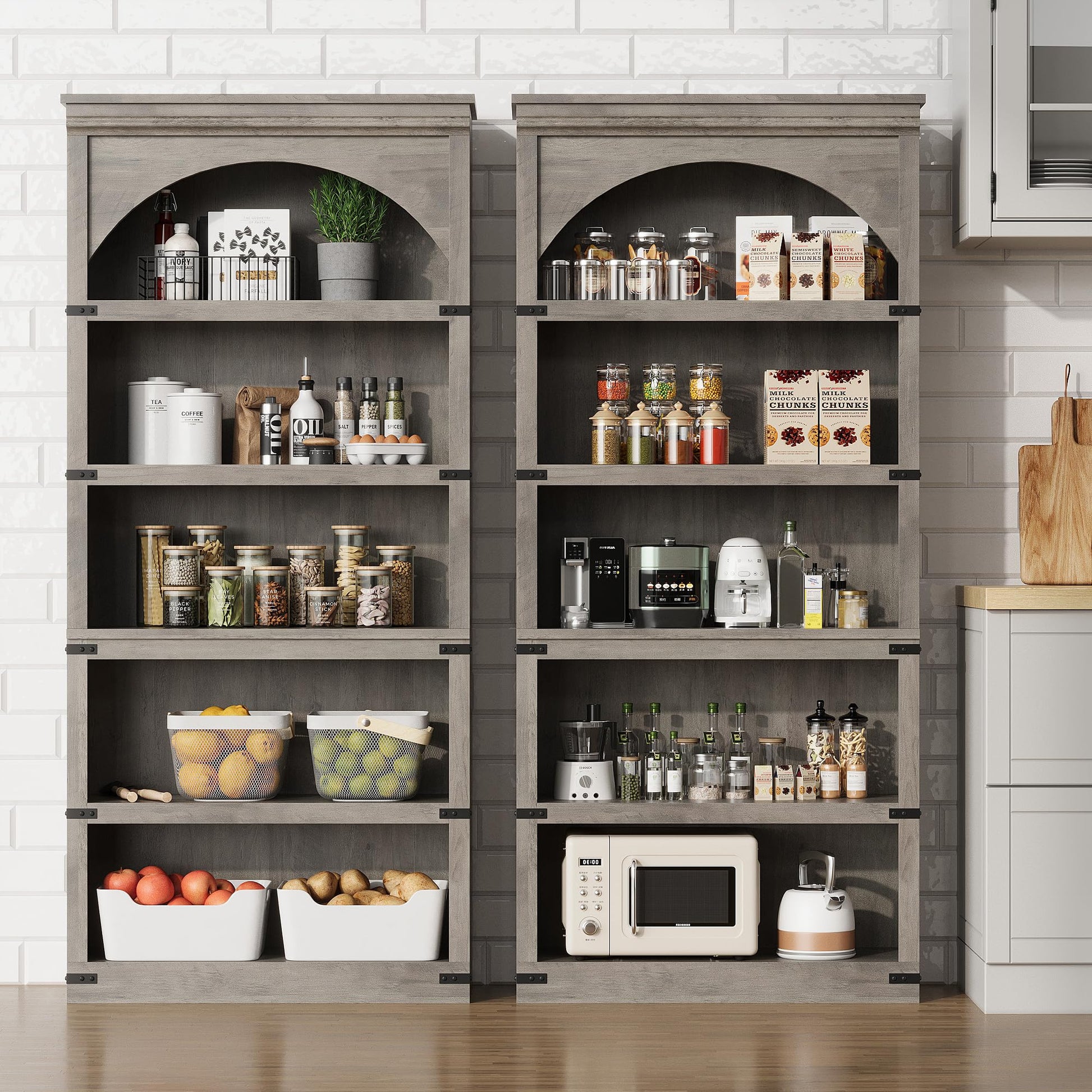 Libreria curva Garvee 5 ripiani, altezza 68,7 pollici, stile country, soggiorno, ufficio, legno, marrone