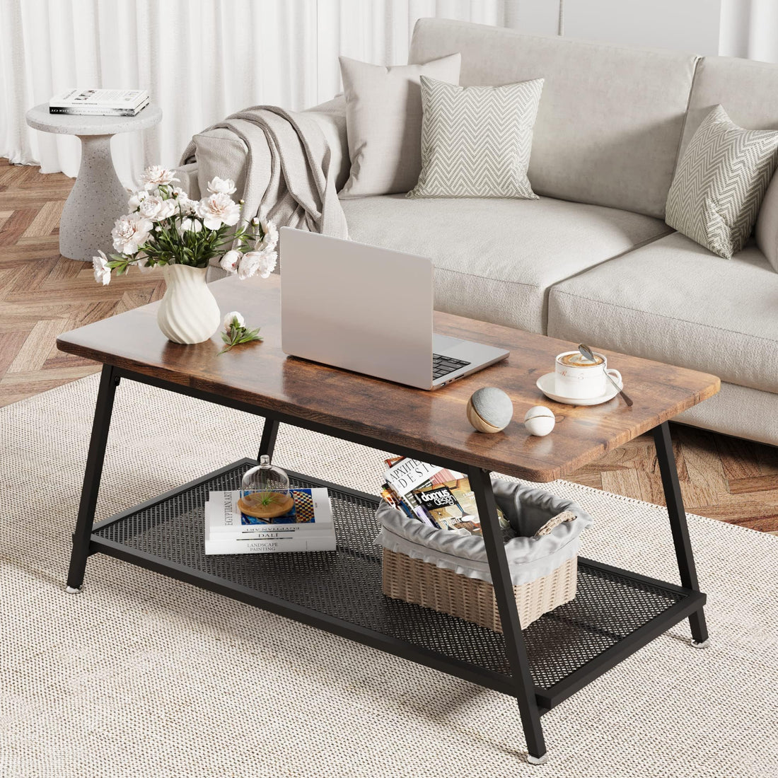 Tavolino da caffè in legno GARVEE, tavolino da soggiorno, tavolino con contenitore, tavolo moderno con struttura in acciaio e ripiano, tavolino da soggiorno, 100 x 50 x 46 cm