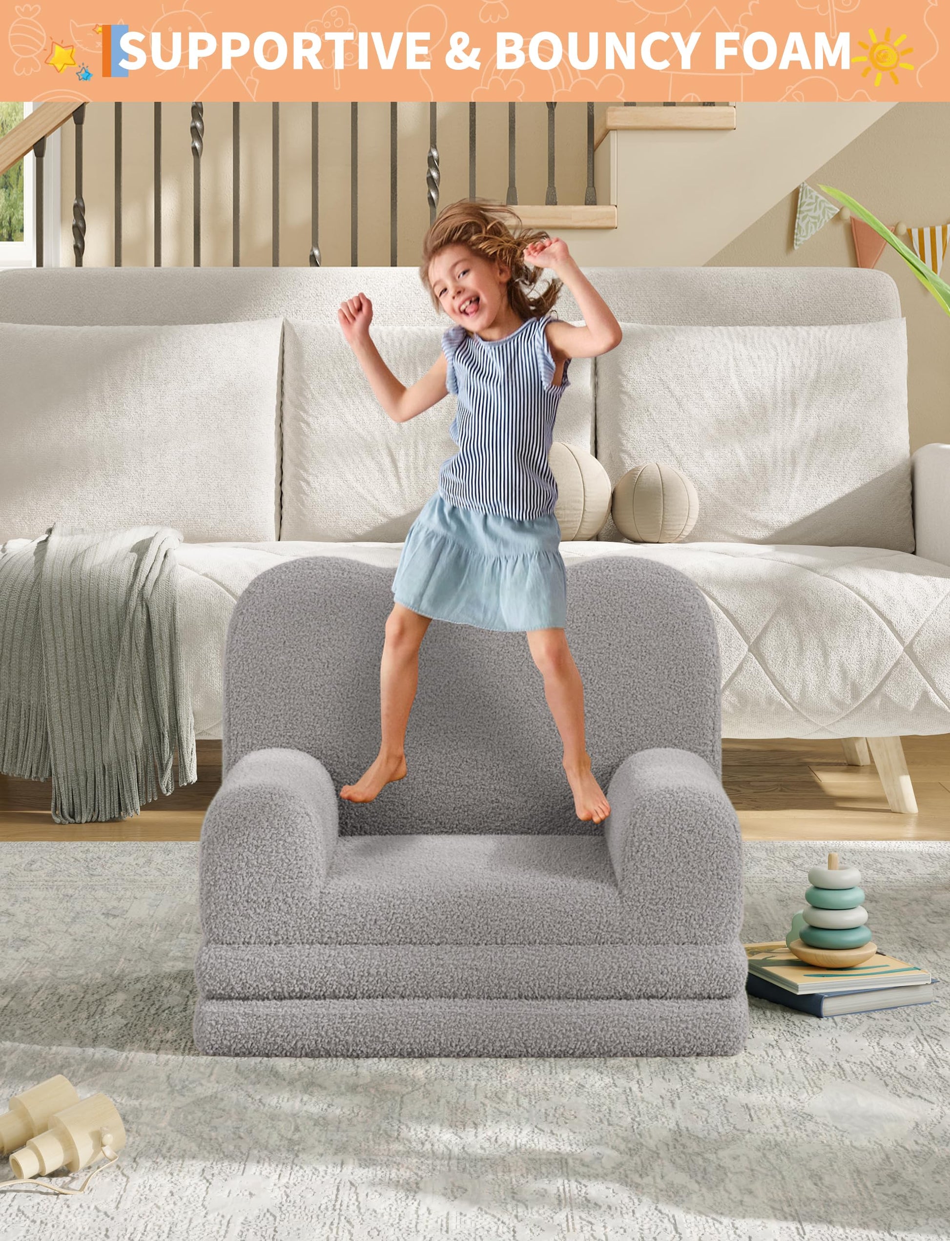 Divano per bambini Garvee 2 in 1 in pile Teddy grigio per sala giochi e cameretta dei bambini pieghevole morbido versatile