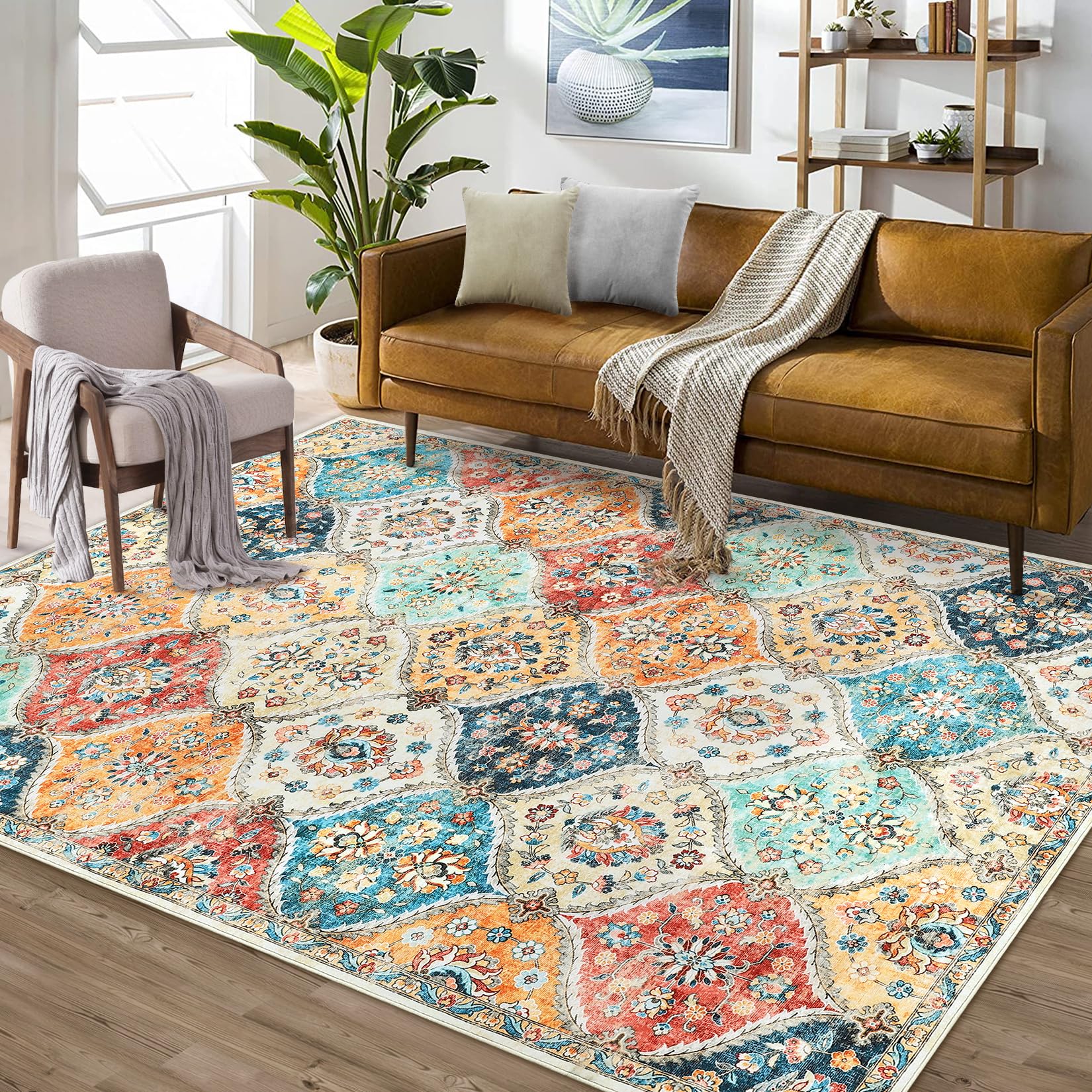 Tappeto da corridoio Garvee 200 x 290 cm, lavabile, motivo floreale vintage, per camera da letto e cucina, antiscivolo