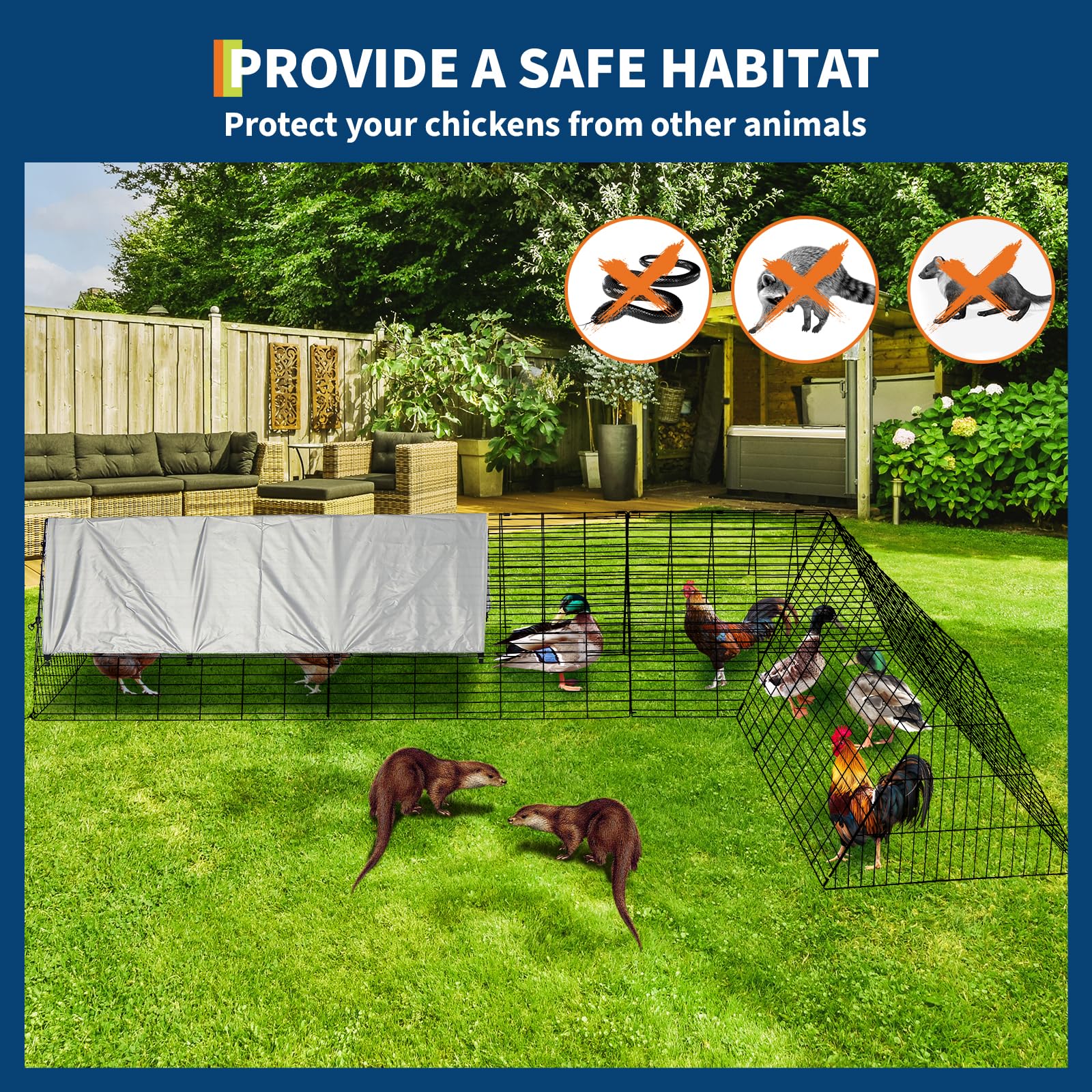 Garvee Mobile Chicken Run con copertura, struttura in acciaio, telone impermeabile per giardino e cortile, telaio angolare regolabile, recinto sicuro all'aperto, robusto e versatile
