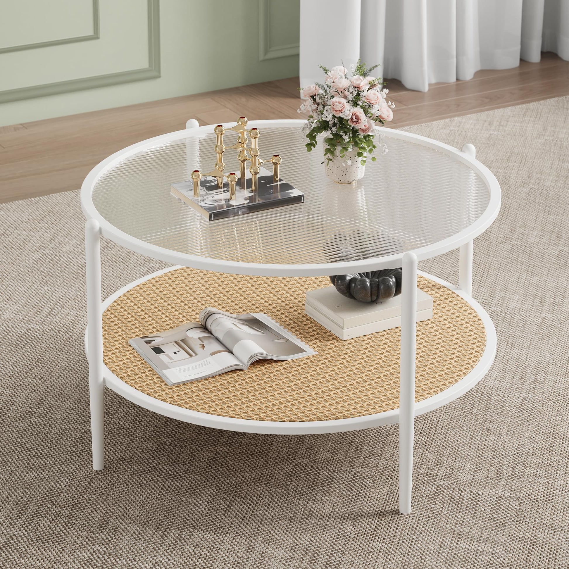 Tavolino da caffè Garvee in rattan da 30" con struttura in metallo e vetro resistente al calore per soggiorno e ufficio, bianco, 30 pollici