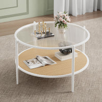 Tavolino da caffè Garvee in rattan da 30" con struttura in metallo e vetro resistente al calore per soggiorno e ufficio, bianco, 30 pollici