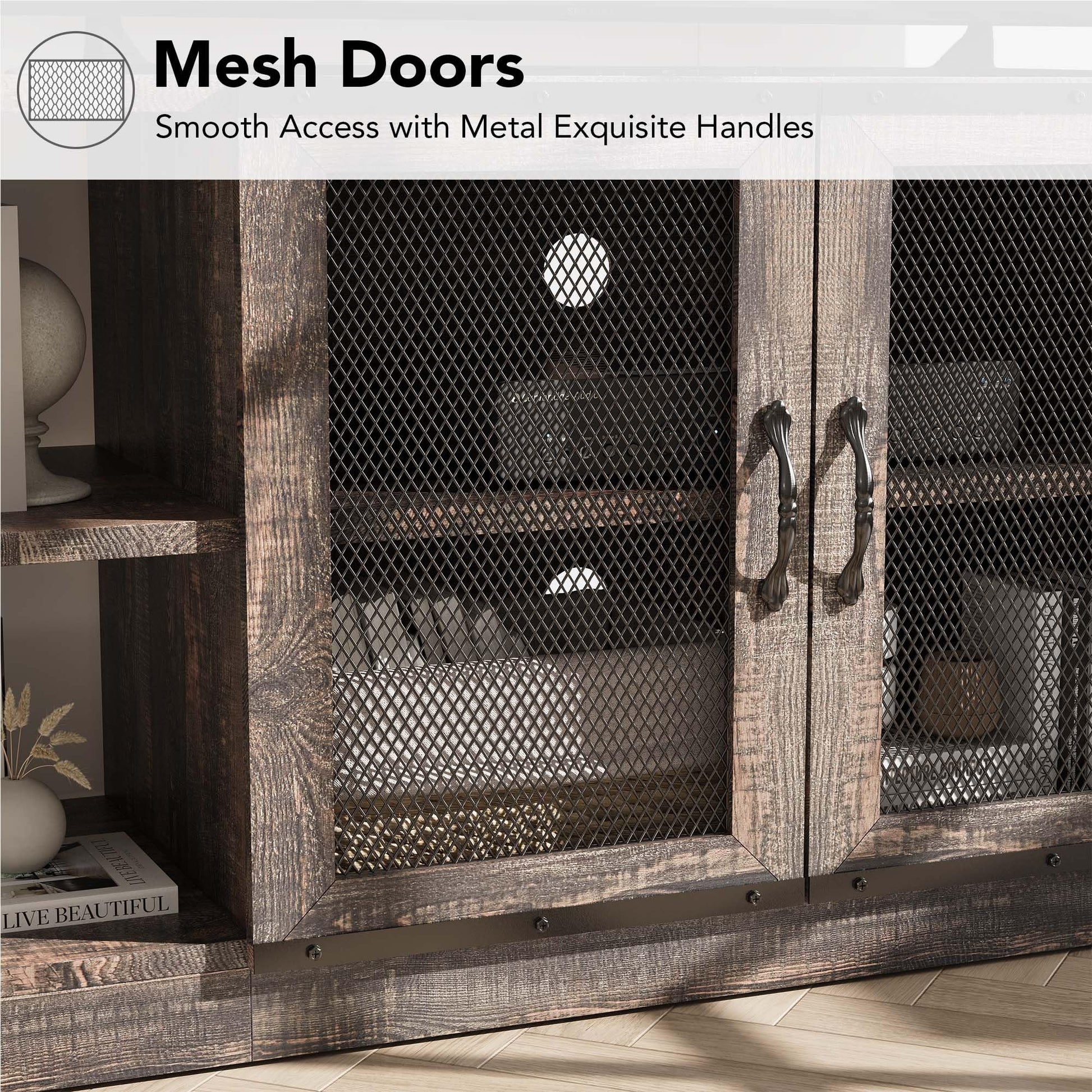 Mobile TV Garvee Farmhouse per TV da 65/75 pollici con ante in rete, consolle multimediale industriale, mobili per soggiorno, legno resistente