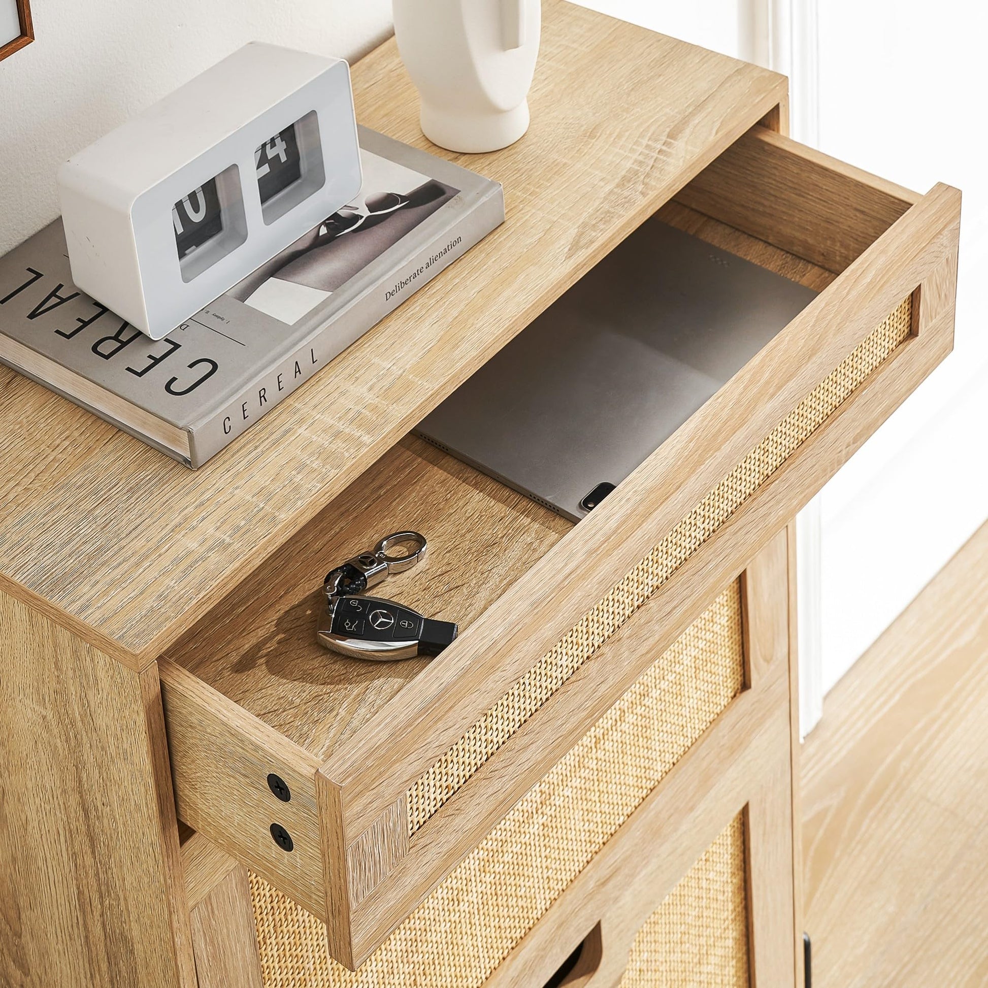 Scarpiera pieghevole Garvee con 3 cassetti e 1 cassetto, organizer per scarpe in rattan per corridoio e soggiorno, in rovere, salvaspazio