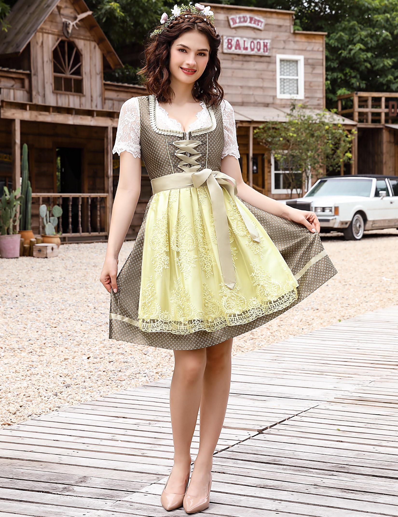 Abito tradizionale da donna Garvee, Dirndl midi, tre pezzi, verde kaki, taglia 34, per l'Oktoberfest