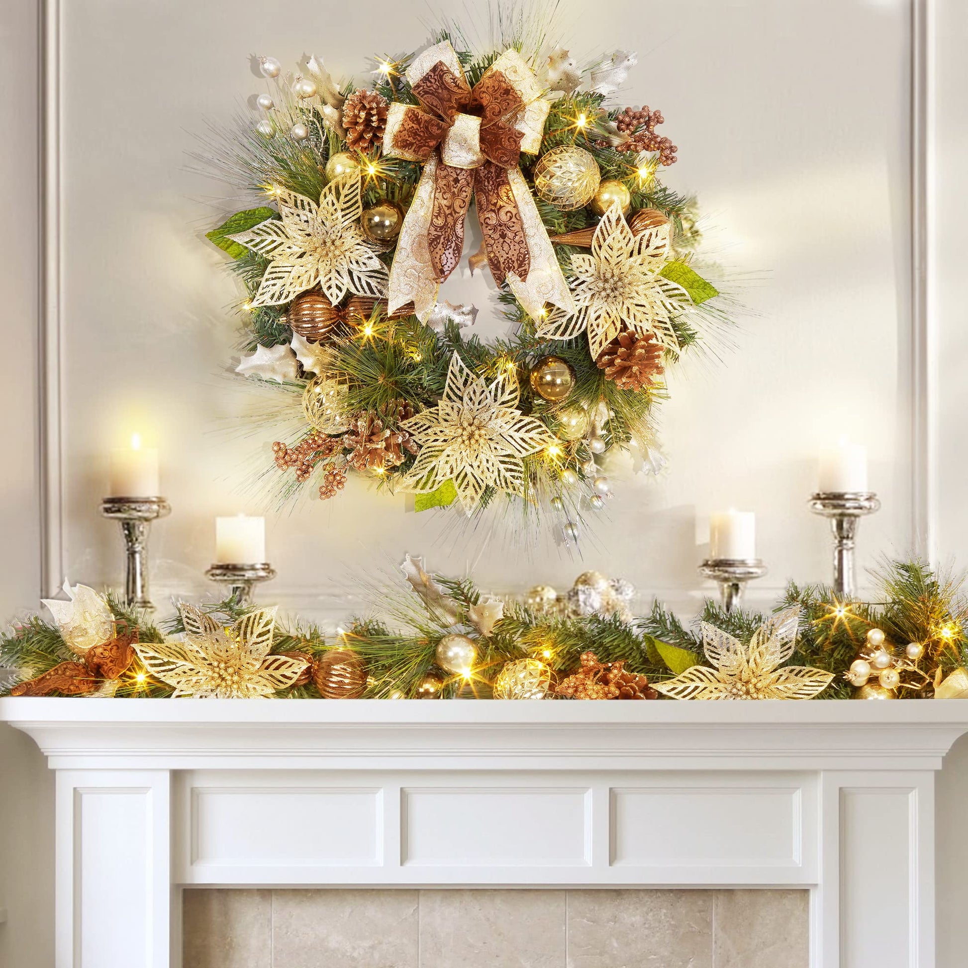 Ghirlanda natalizia dorata Garvee da 24 pollici illuminata con 20 luci LED per porte e finestre, marrone