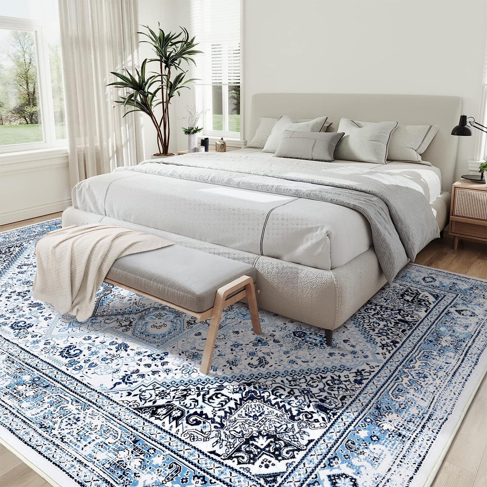 Garvee Teppich Vintage Orient-Design Rutschfest Weich Polyester Wasserabweisend 200x290cm Blau Wohnzimmer Schlafzimmer