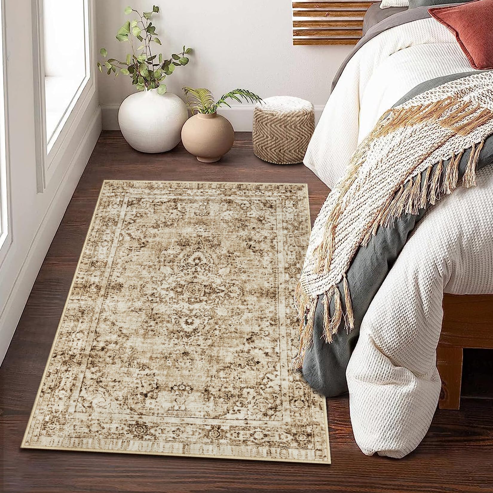 Tappeto a pelo corto Garvee Boho Vintage per soggiorno, camera da letto, 100% poliestere, antiscivolo, lavabile, marrone, 120x170 cm, design moderno