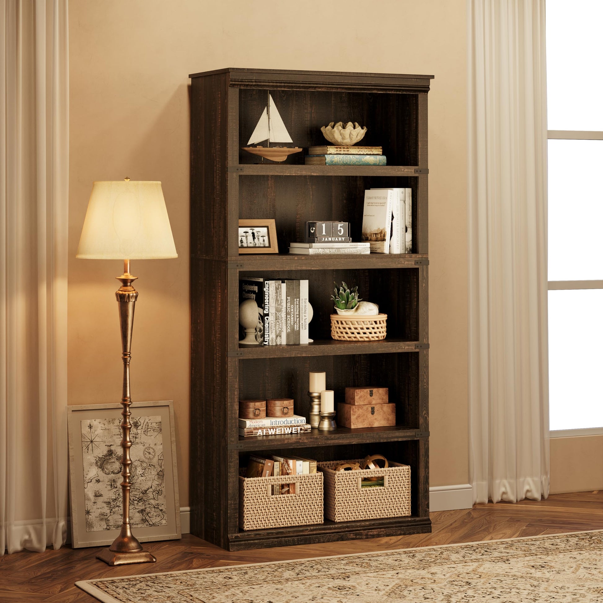 Libreria Garvee Triple Wide a 4 ripiani con robusta struttura in legno per soggiorno, 67,4" H x 31,5" W x 12,8" D, legno di ciliegio