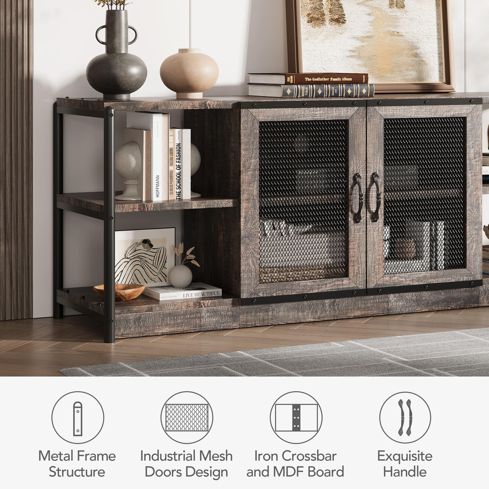 Mobile porta TV Garvee Farmhouse da 65 pollici con doppie ante in rete, ampio spazio di archiviazione, robusto per soggiorno e camera da letto, legno vintage, 70 pollici, marrone