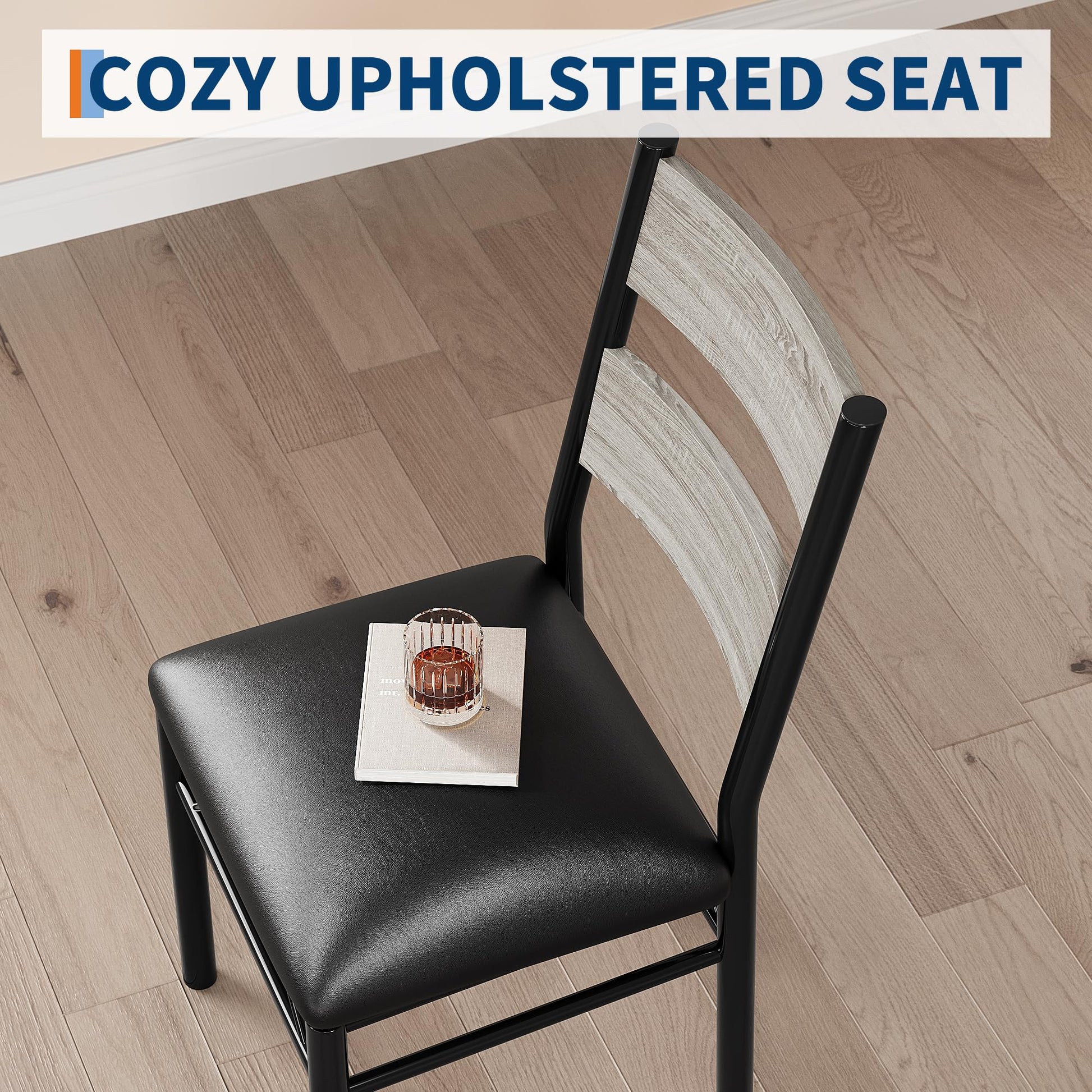 Set da pranzo Garvee per 4 persone con protezioni angolari, sedie in PU, struttura in acciaio, piano in legno, grigio, per cucina e appartamento, salvaspazio