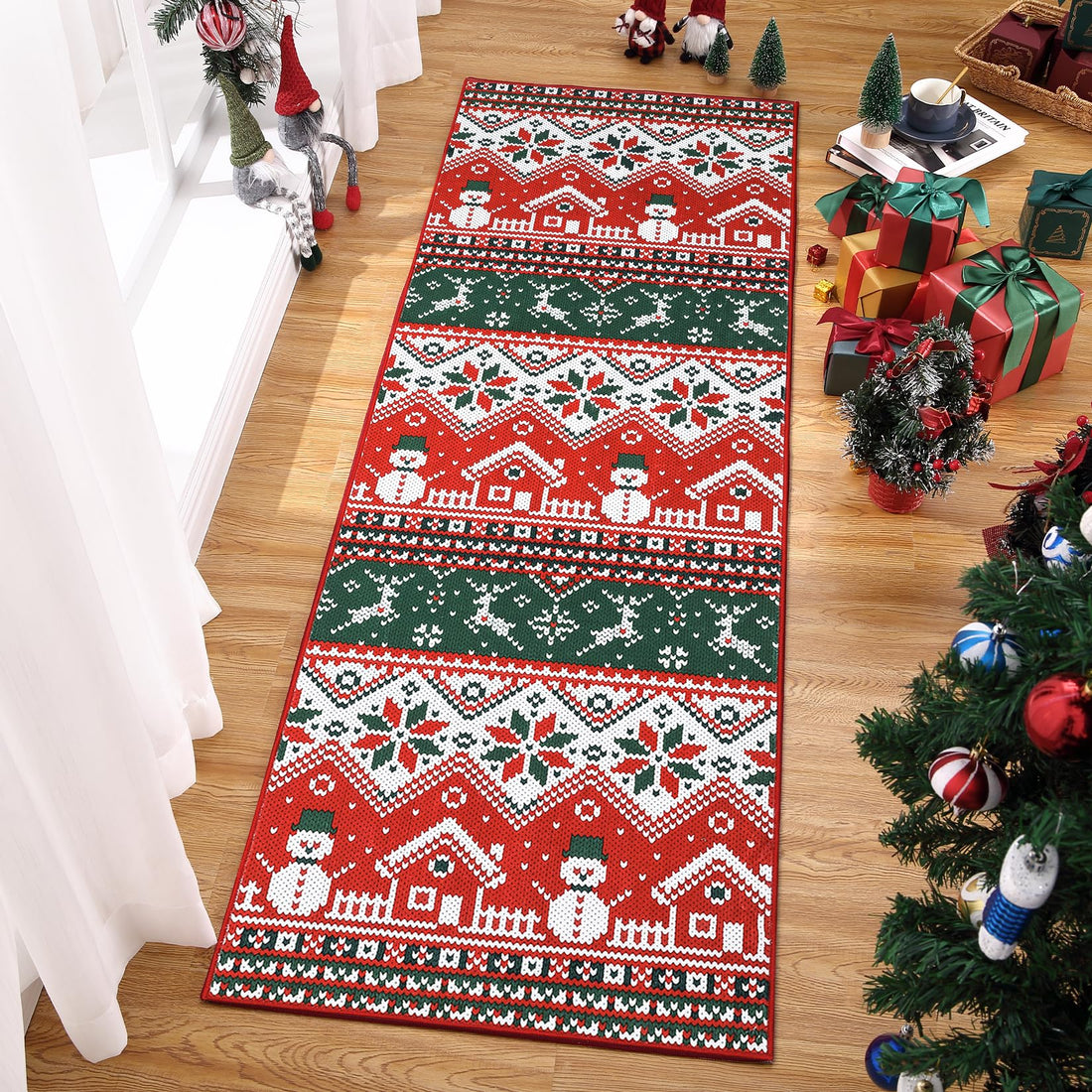 Tappeto natalizio Garvee con pupazzo di neve rosso, morbido e antiscivolo, in poliestere, 60x180 cm, per soggiorno e camera da letto