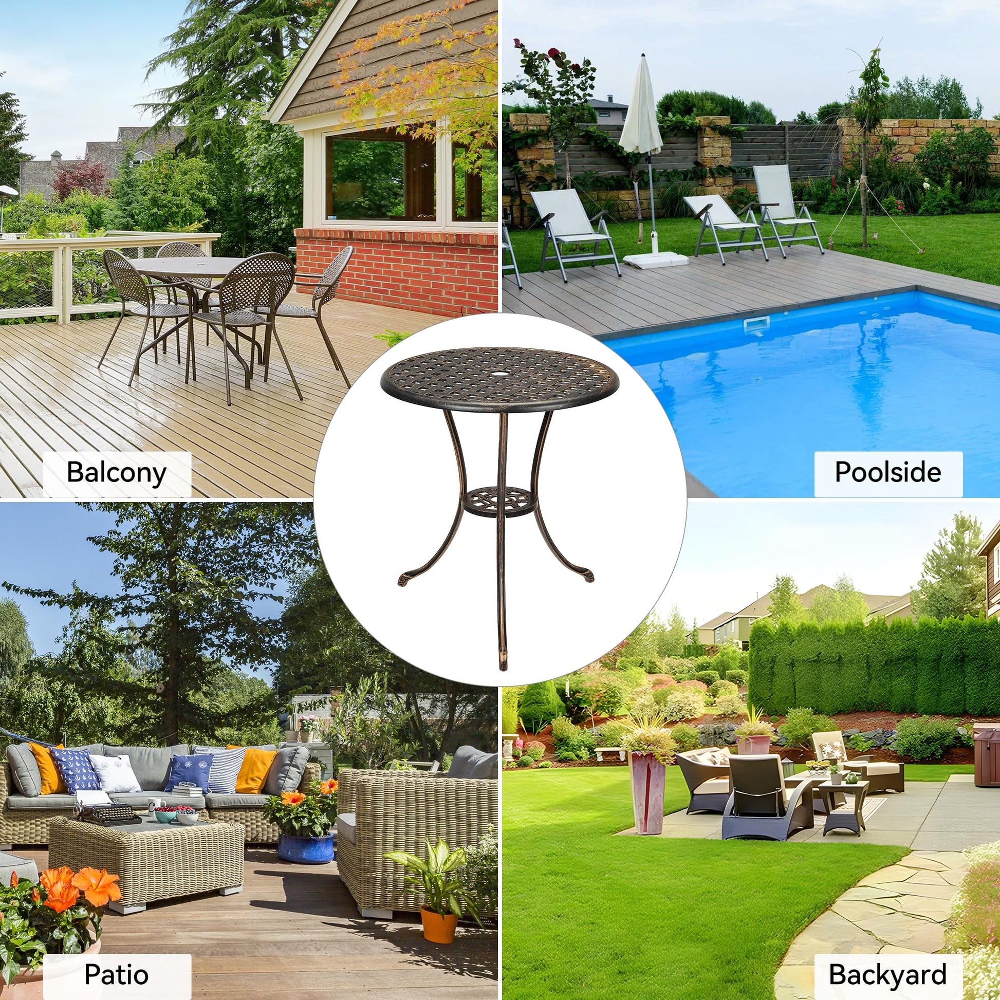 Tavolo da bistrot in alluminio Garvee da 24" con foro per ombrellone, antiruggine, bronzo vintage per giardino e balcone, robusto, leggero