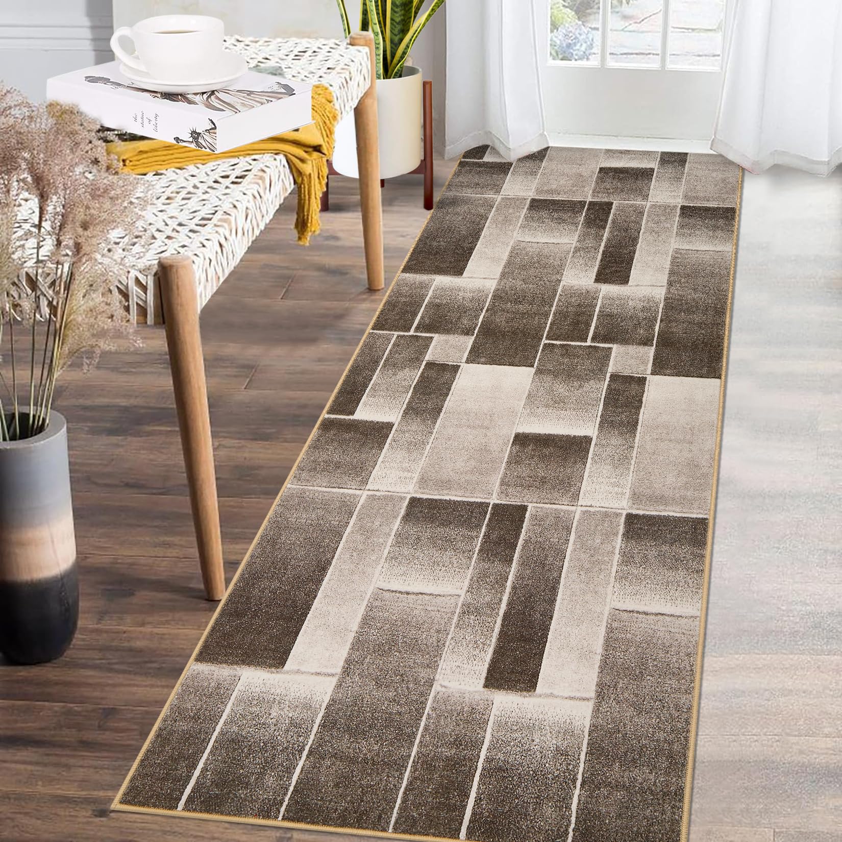 Tappeto Garvee lavabile antiscivolo a pelo corto 80 x 150 cm marrone soggiorno camera da letto