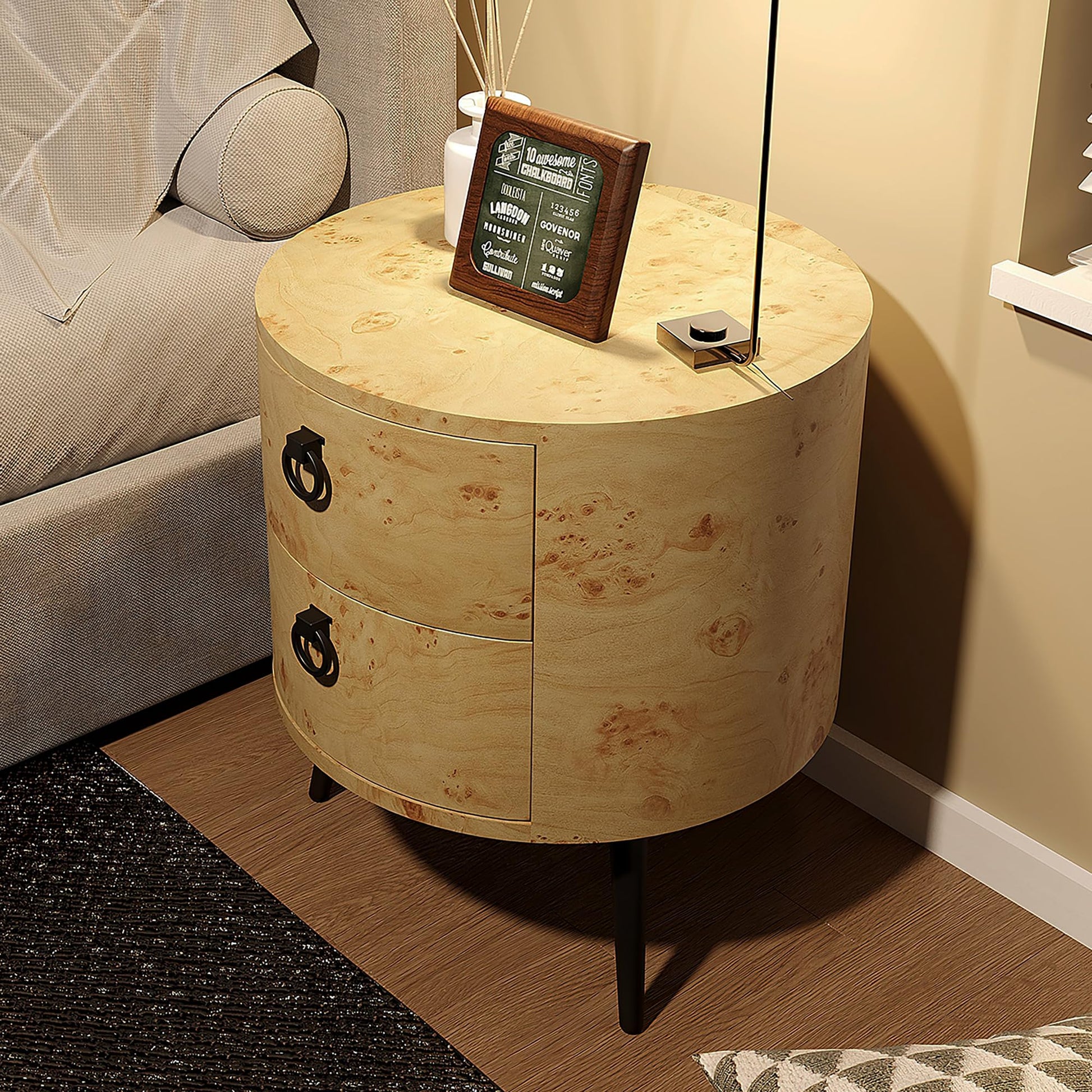 Tavolino rotondo Garvee con cassetti, gambe in legno e metallo, per soggiorno e camera da letto, 18,5" rotondo, legno naturale