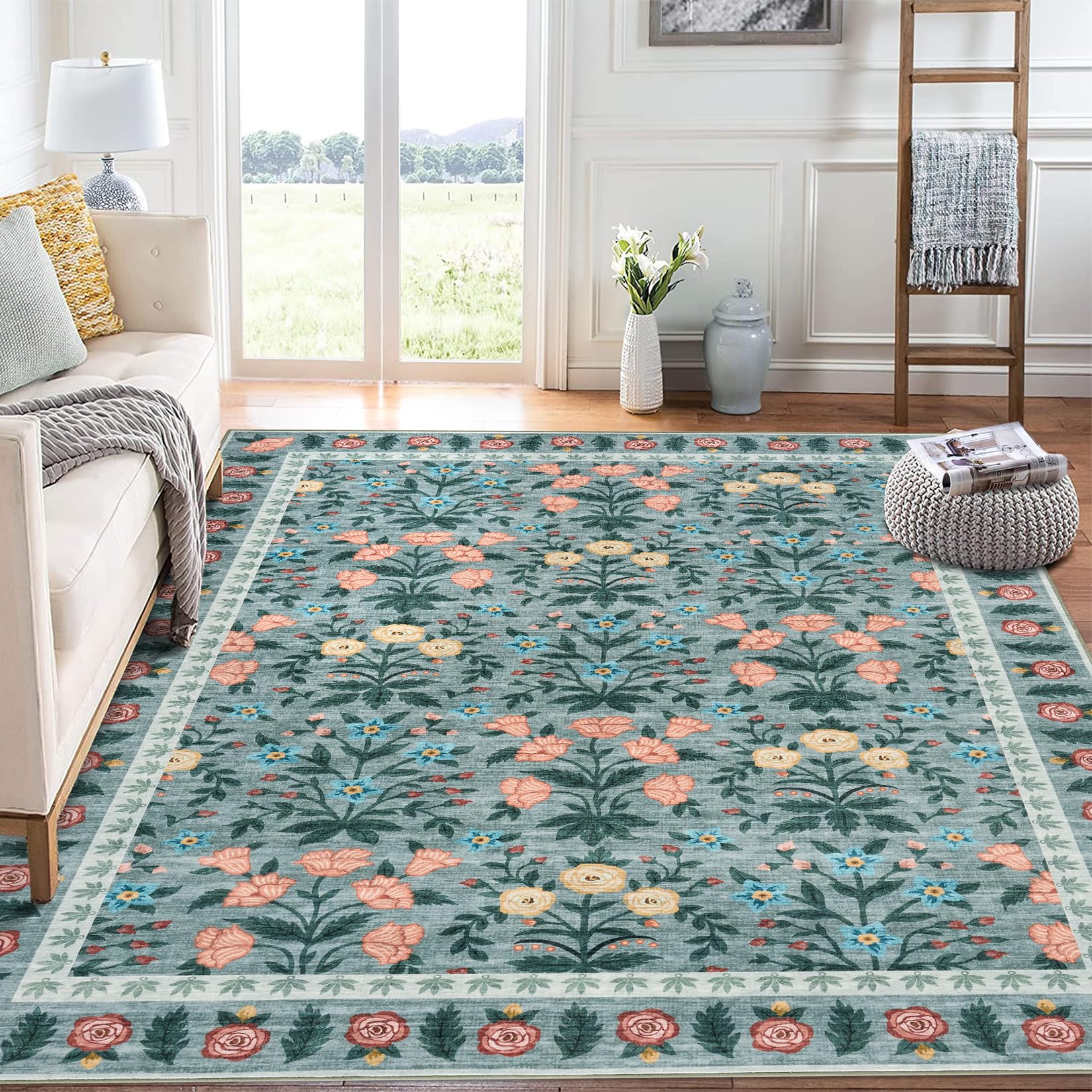 Tappeto decorativo Garvee per interni Boho 120x170cm, antiscivolo, nero, floreale, a pelo corto, per soggiorno, cameretta dei bambini, sala giochi