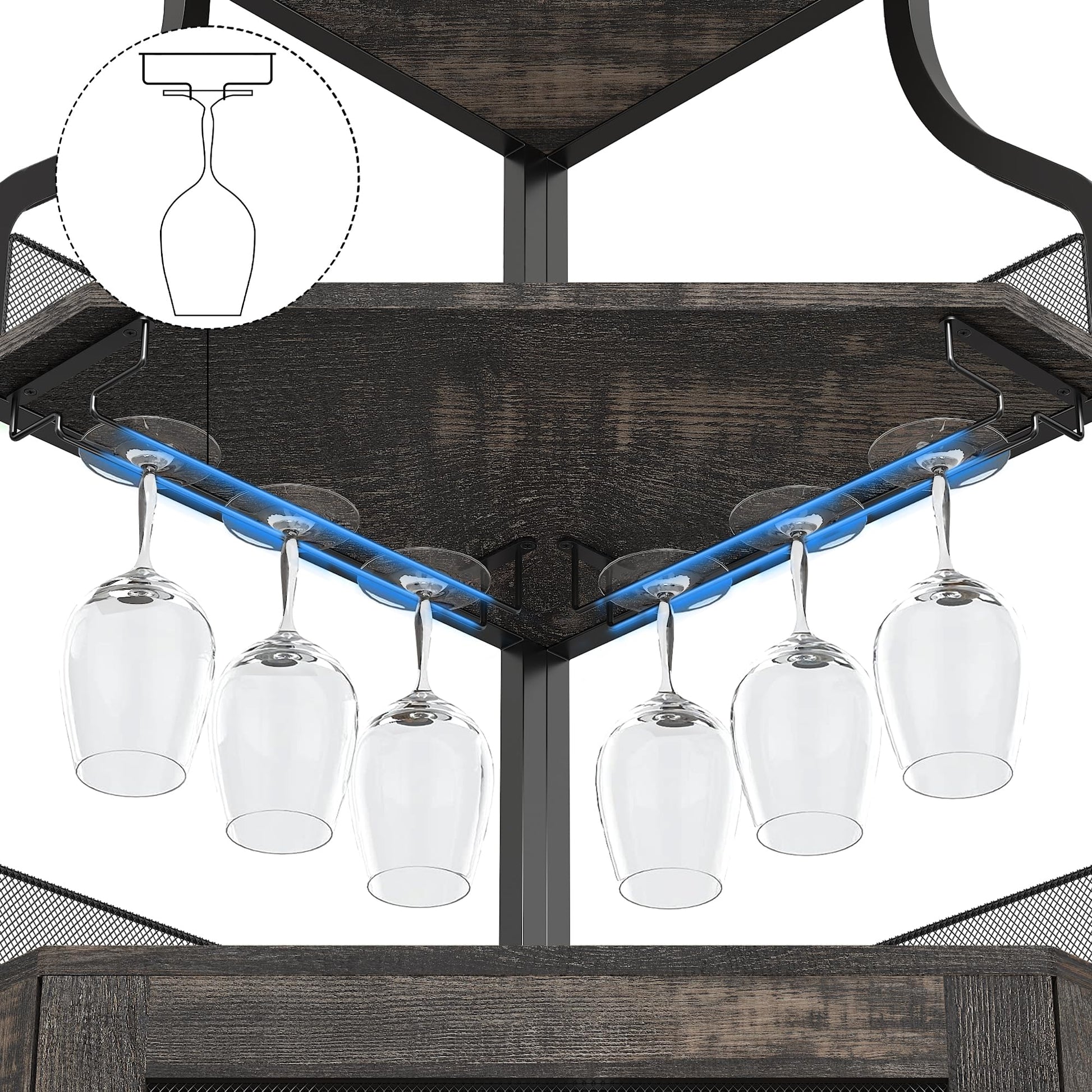 Mobiletto angolare Garvee, 5 ripiani con portabottiglie, portabicchieri, portaoggetti per soggiorno e cucina, 47 x 45 x 152 cm, grigio, salvaspazio, robusto