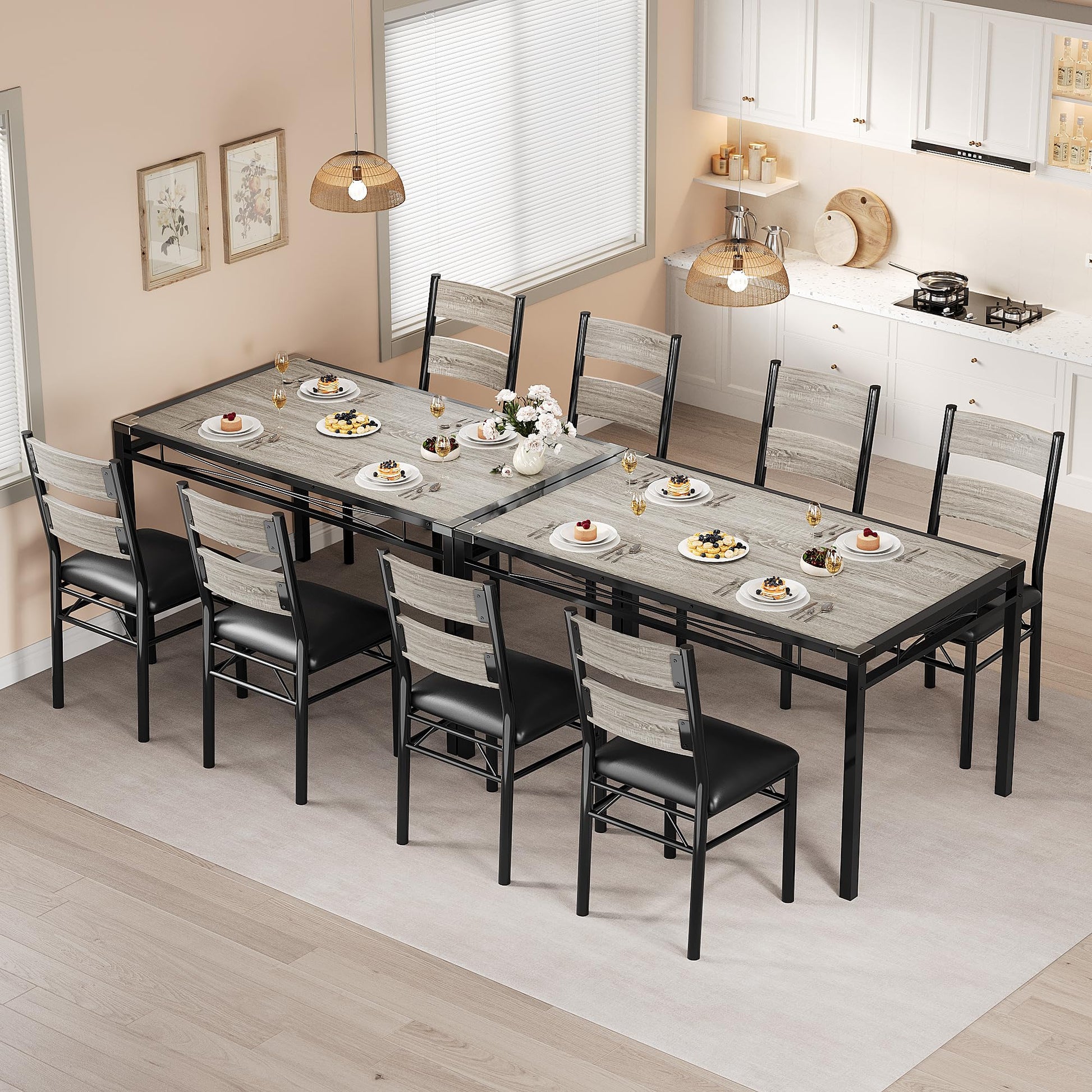 Set da pranzo Garvee per 4 persone con protezioni angolari, sedie in PU, struttura in acciaio, piano in legno, grigio, per cucina e appartamento, salvaspazio