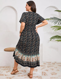 Garvee Abito estivo da donna in stile boho, a maniche corte, midi, con scollo a V, da spiaggia, lungo, floreale, con volant, casual, nero, taglia L