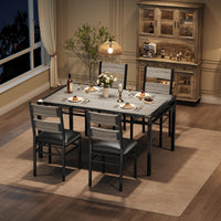 Set da pranzo Garvee per 4 persone con protezioni angolari, sedie in PU, struttura in acciaio, piano in legno, grigio, per cucina e appartamento, salvaspazio