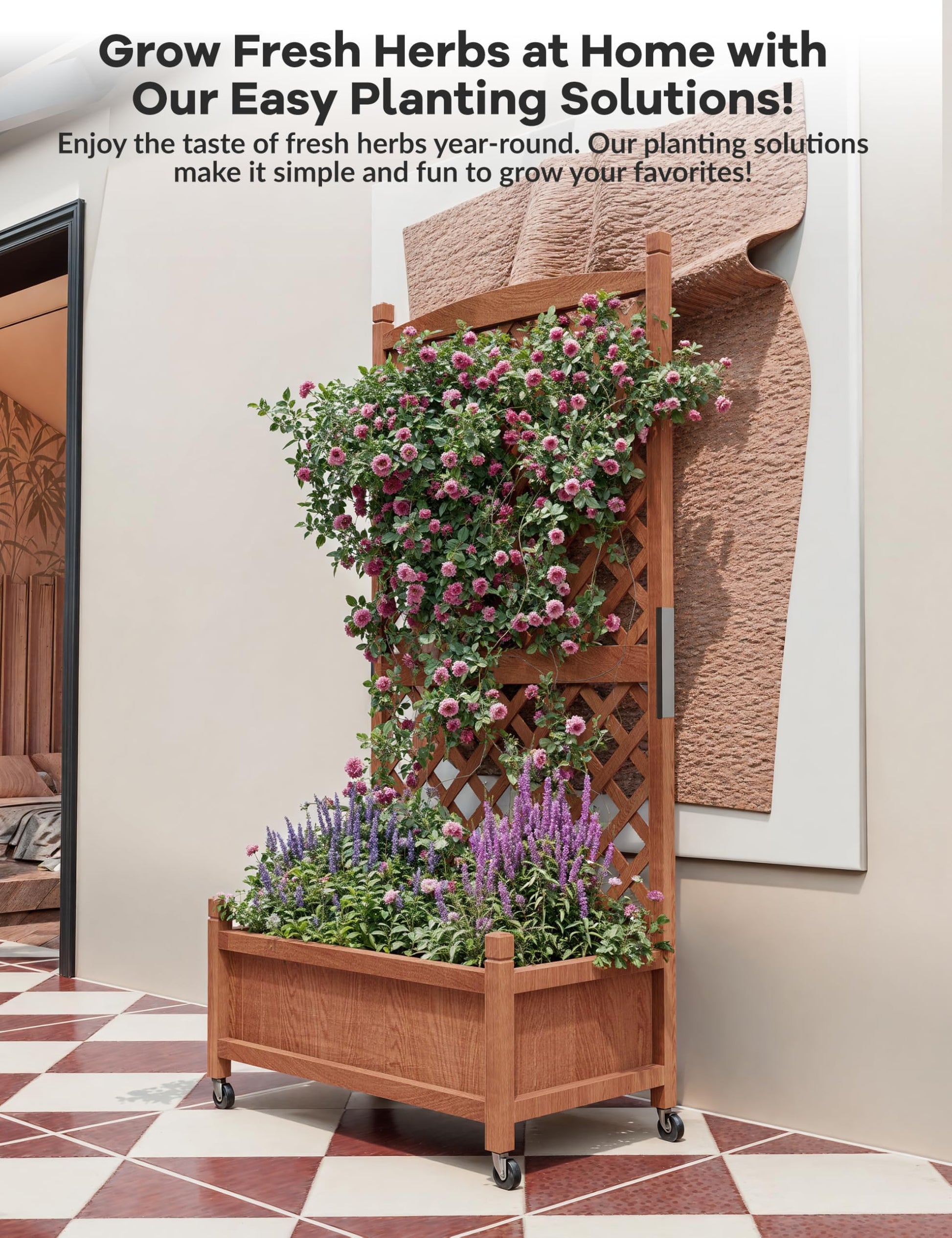 Garvee Letto da giardino rialzato in legno con traliccio e ruote per terrazza e giardino 75x33x150cm Legno di abete