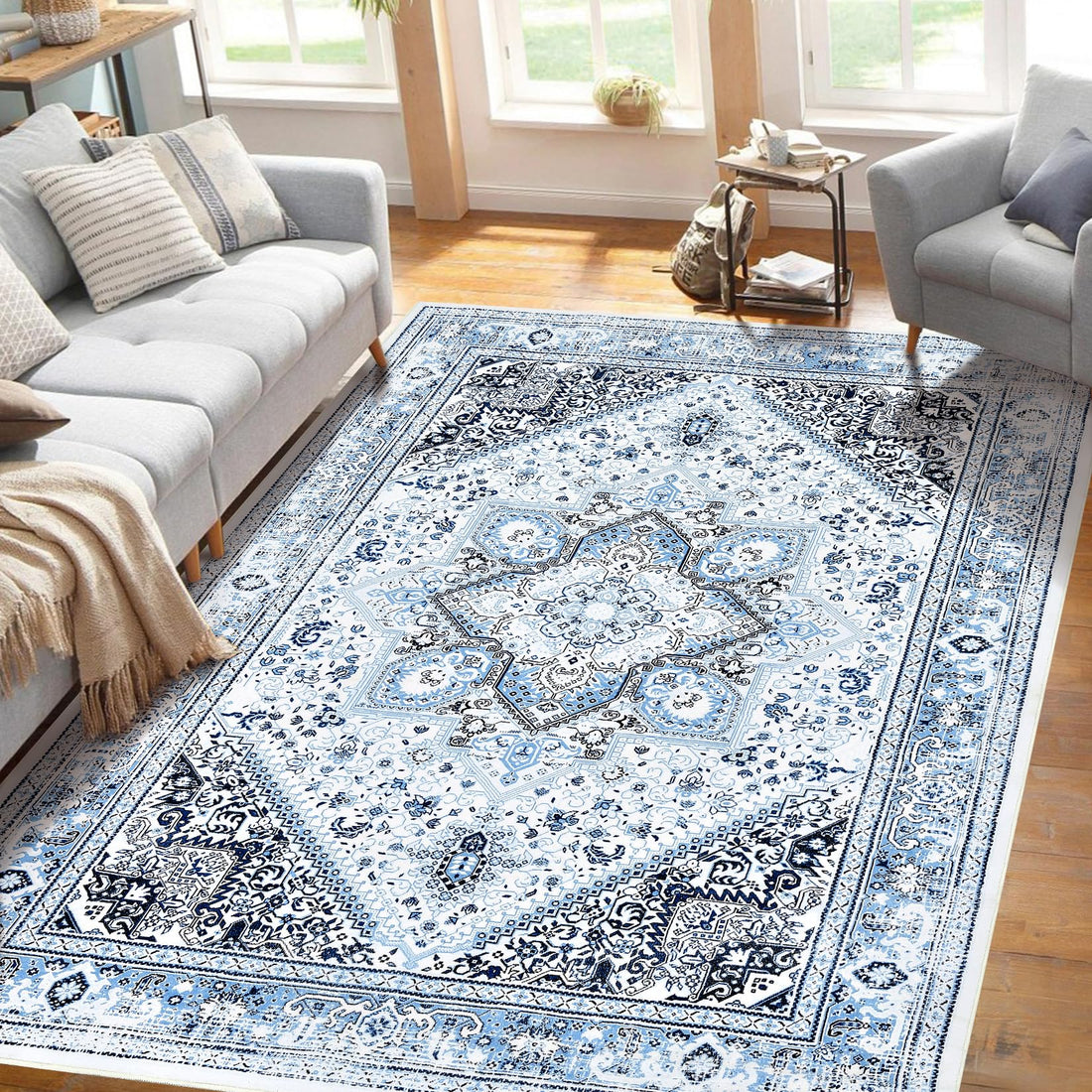 Tappeto Adirondack GARVEE, motivo orientale, blu, 80x150 cm, per soggiorno e ufficio, facile da pulire, resistente