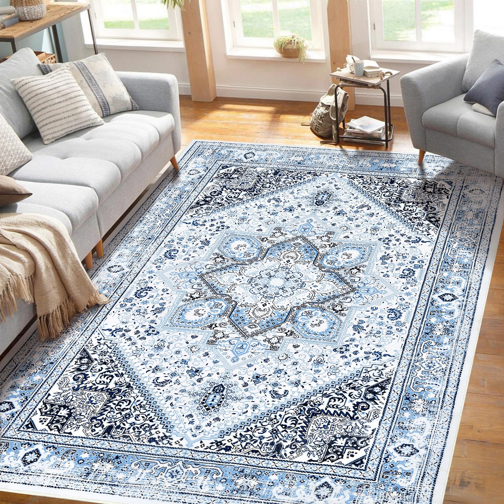 Tappeto Adirondack GARVEE, motivo orientale, blu, 80x150 cm, per soggiorno e ufficio, facile da pulire, resistente