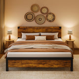 Garvee Letto King Size con Testiera in Legno, Contenitore Sotto Letto, Gambe in Metallo, Marrone Rustico, Camera da Letto, 82x78.7x37.4 in - marrone