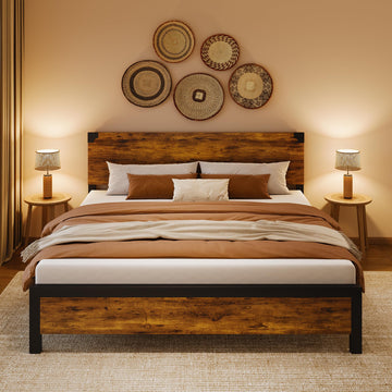 Garvee Letto King Size con Testiera in Legno, Contenitore Sotto Letto, Gambe in Metallo, Marrone Rustico, Camera da Letto, 82x78.7x37.4 in