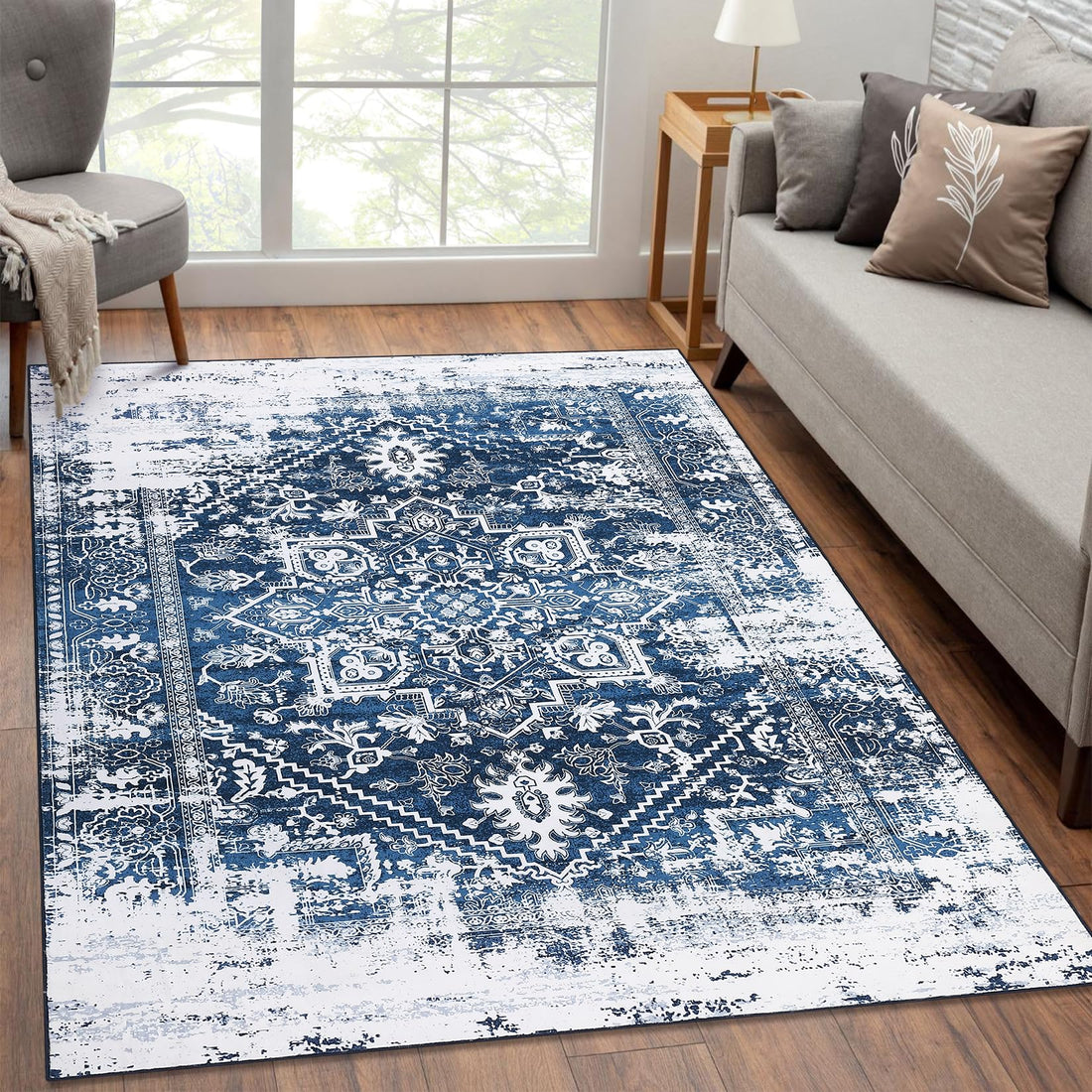 Garvee Tappeto Retro Gradient 120x170 cm Blu Medaglione Neve Orientale, Lavabile, Antiscivolo, Poliestere, Basso Pelo, Per Soggiorno e Camera