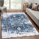 Garvee Tappeto Retro Gradient 120x170 cm Blu Medaglione Neve Orientale, Lavabile, Antiscivolo, Poliestere, Basso Pelo, Per Soggiorno e Camera - Blu