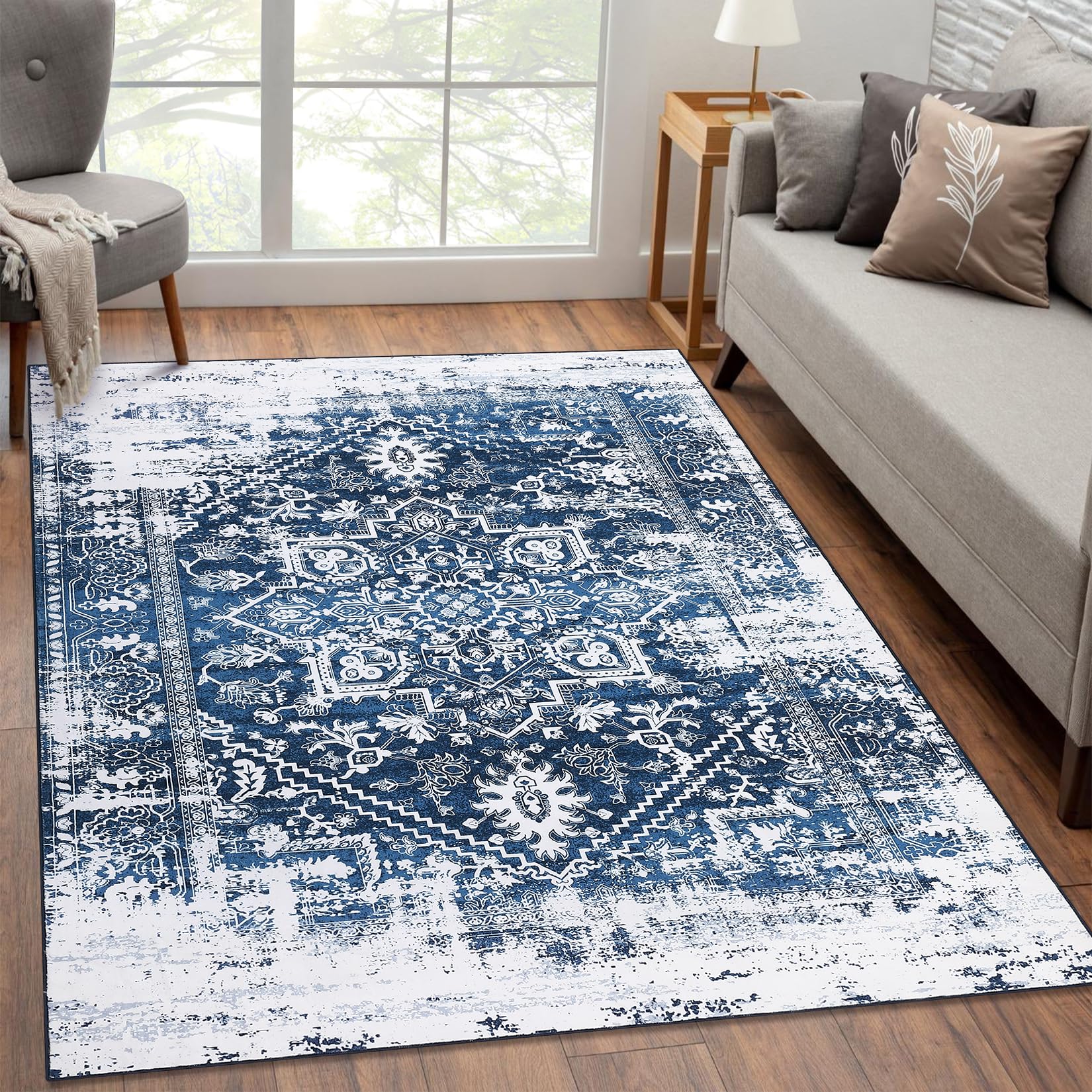 Tappeto da collezione Garvee, design orientale anticato, 160 x 230 cm, blu, facile da pulire, per soggiorno e camera da letto