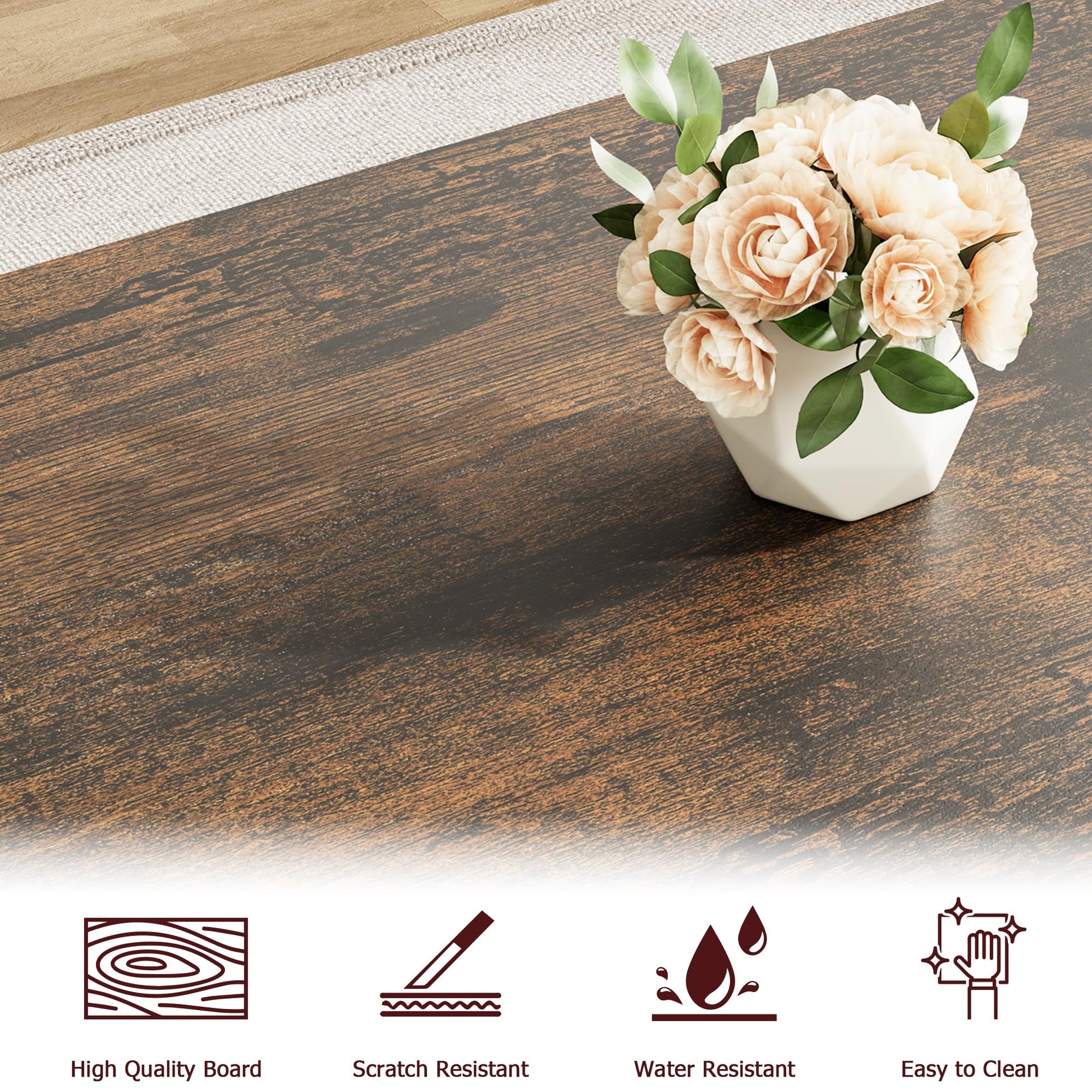 Tavolo da pranzo Garvee con 2 panche, struttura in metallo, legno MDF, antigraffio per cucina e sala da pranzo, salvaspazio, marrone