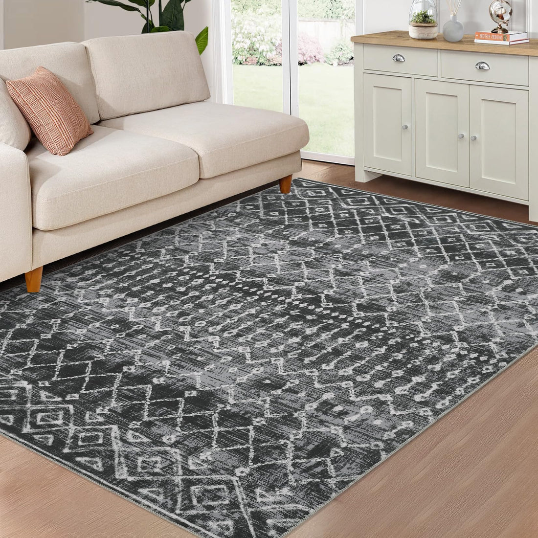 Tappeto Garvee Boho 200 x 290 cm Nero Lavabile Antiscivolo