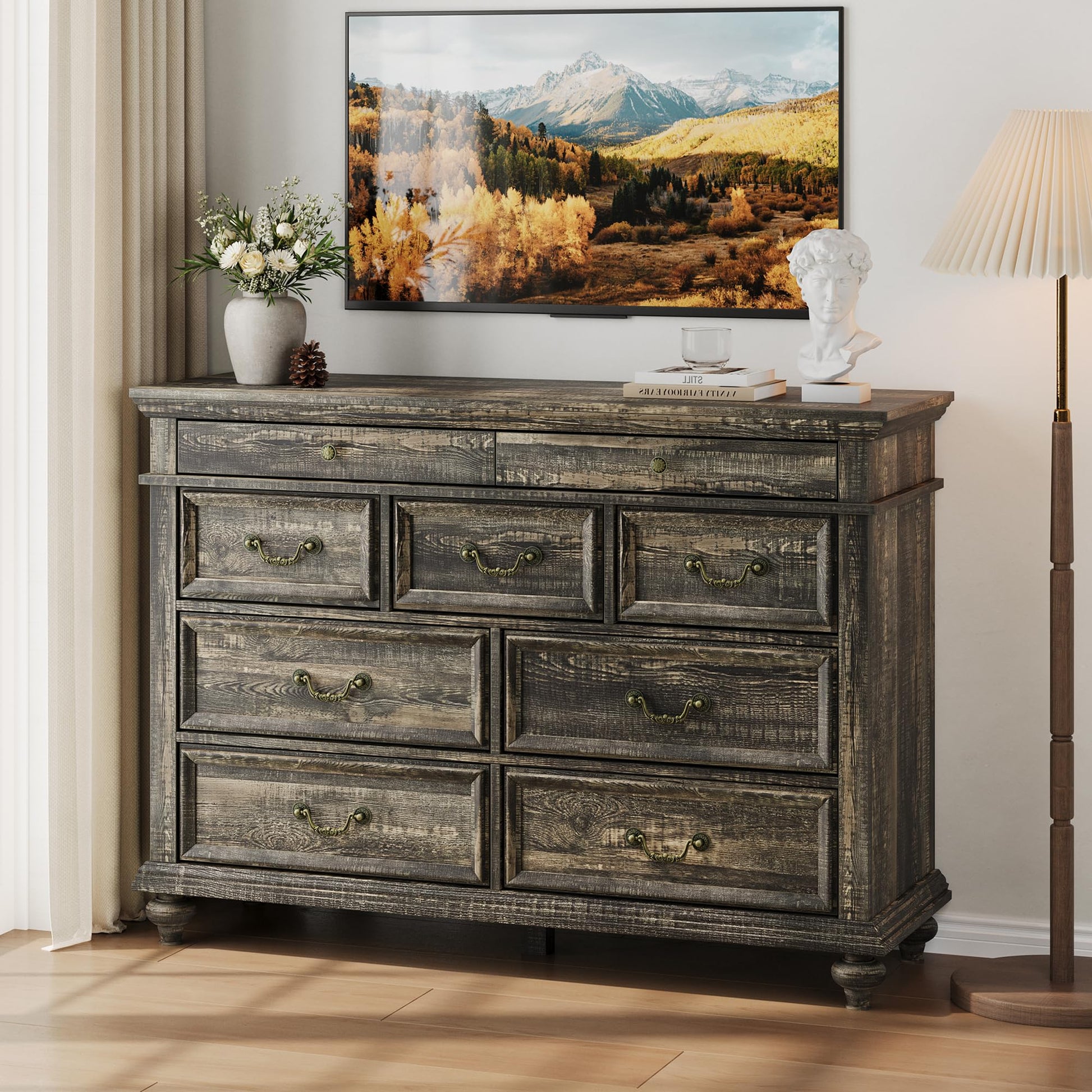 Cassettiera Garvee da 47" in stile rustico con 9 cassetti, in legno rustico, maniglie in metallo vintage, rovere scuro, per camera da letto e soggiorno