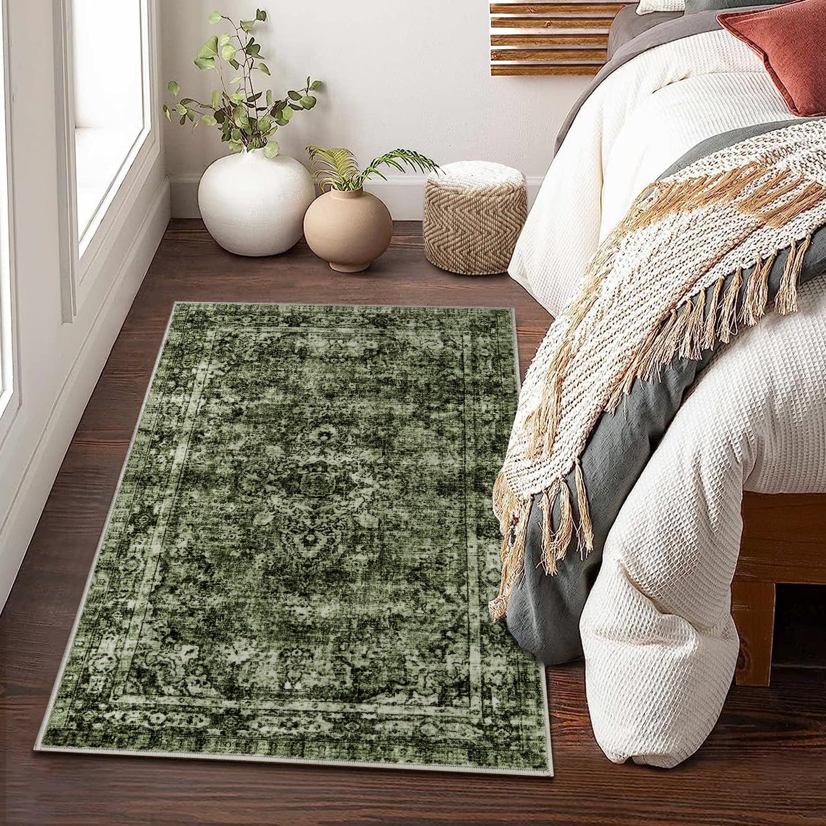 Tappeto a pelo corto Garvee verde 200 x 290 cm Boho moderno vintage soggiorno camera da letto grande tappeto lavabile