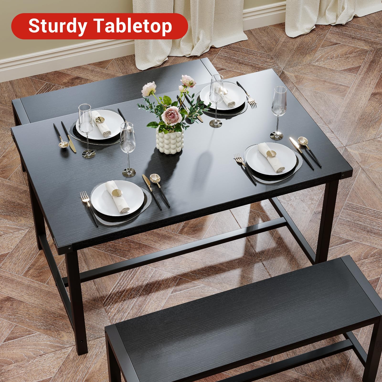Set da pranzo Garvee per 4 persone con tavolo rettangolare e 2 panche in legno, robusto, rustico, salvaspazio, ideale per stanze piccole, MDF e acciaio, marrone