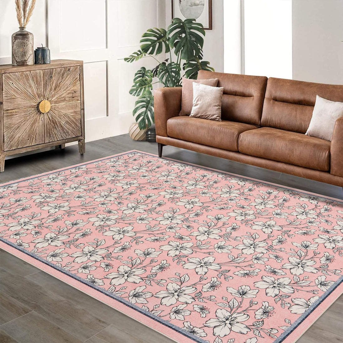 Tappeto per soggiorno Garvee 200x290cm, lavabile, a pelo corto, antiscivolo, vintage, floreale, rosa, per cameretta dei bambini, sala da pranzo, camera da letto