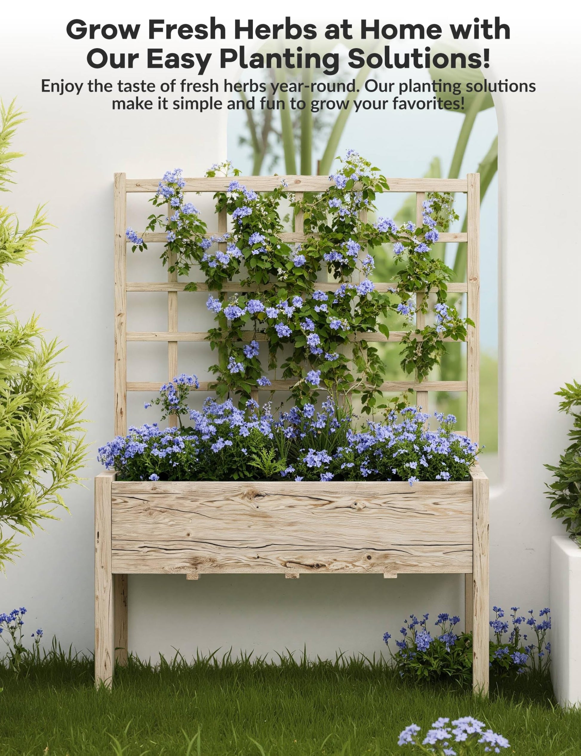 Aiuola rialzata Garvee con traliccio, in legno, resistente alle intemperie, grande, per balcone e giardino, ergonomica