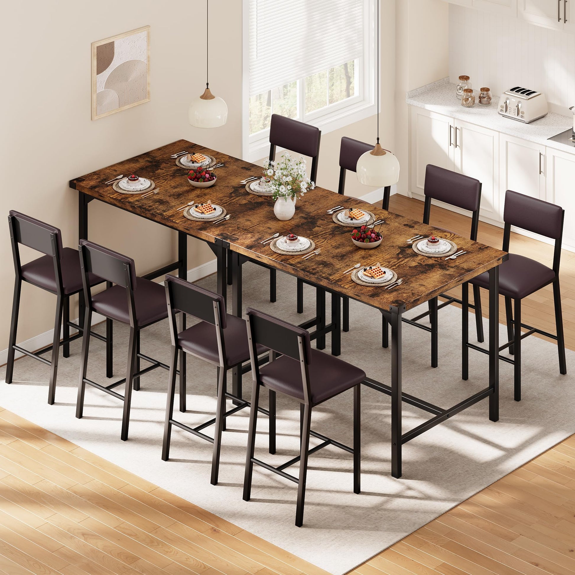 Set da pranzo Garvee per 4 persone con poggiapiedi e protezioni angolari, altezza bancone, sgabelli da bar imbottiti, legno e metallo, compatto, per cucina e appartamento, multicolore