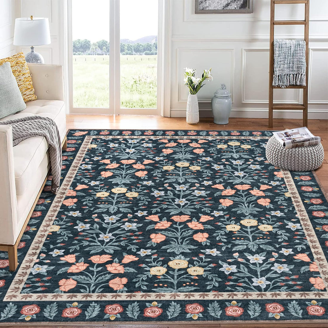 Tappeto decorativo da interno Garvee, 200x290 cm, antiscivolo, motivo floreale nero, tappeto piatto per soggiorno, cameretta dei bambini, sala giochi