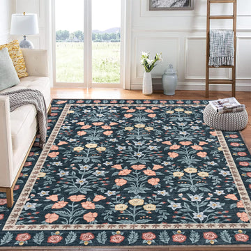 Tappeto decorativo da interno Garvee, 200x290 cm, antiscivolo, motivo floreale nero, tappeto piatto per soggiorno, cameretta dei bambini, sala giochi