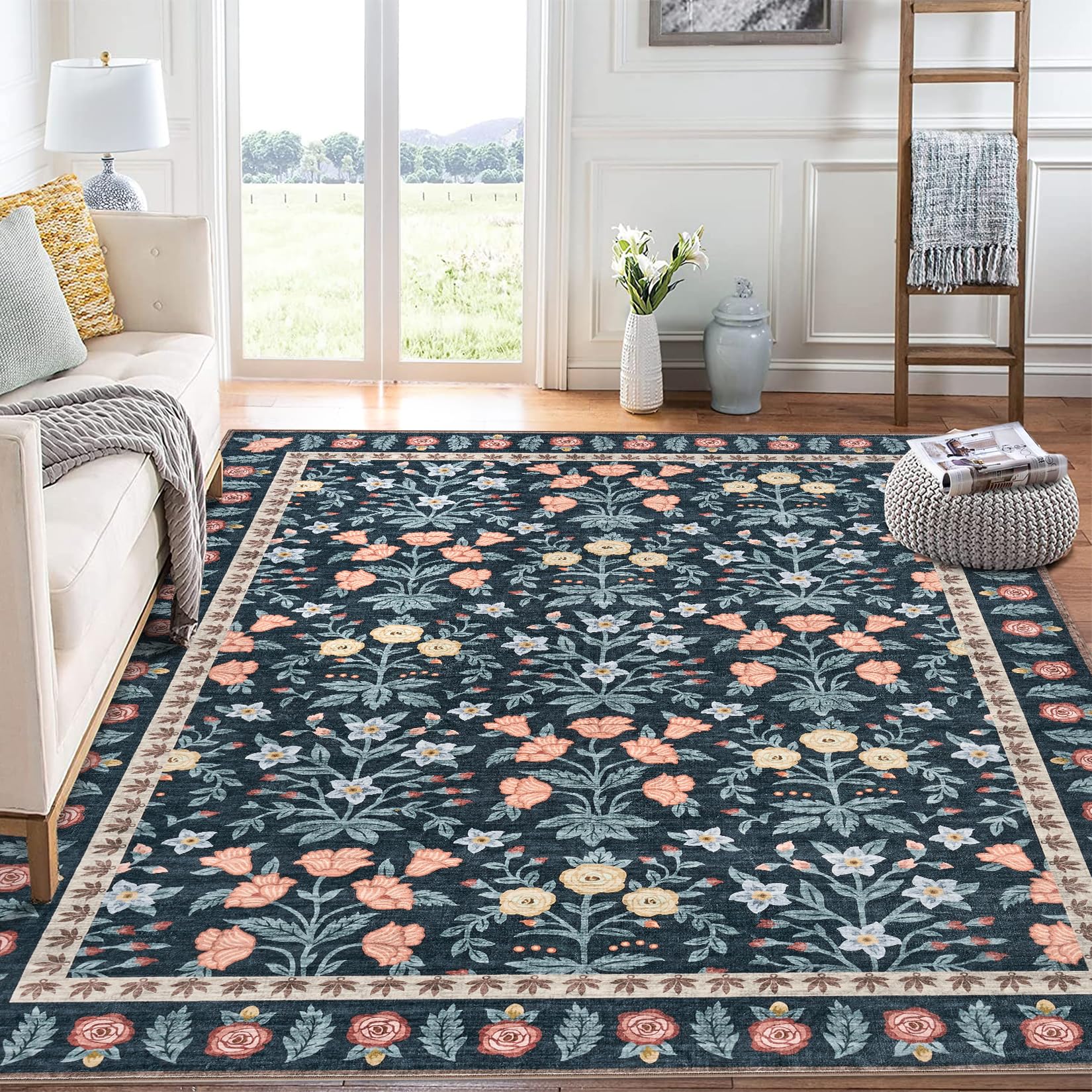 Tappeto decorativo Garvee per interni Boho 120x170cm, antiscivolo, nero, floreale, a pelo corto, per soggiorno, cameretta dei bambini, sala giochi