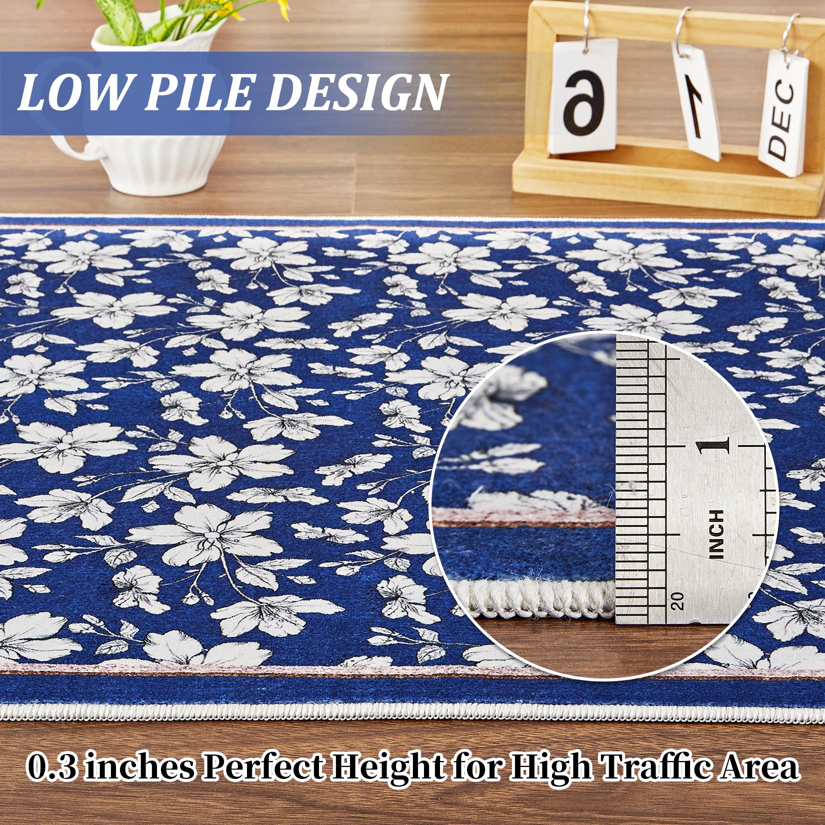 Tappeto Garvee lavabile per soggiorno con motivo floreale vintage, pelo corto, antiscivolo, morbido, 120x170 cm, blu